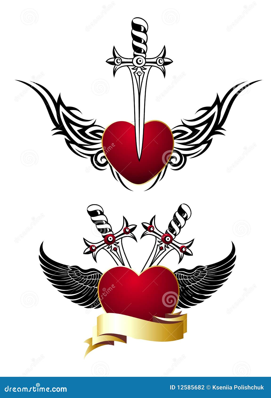 Set Of Loving Hearts With Wings And Swords Tattoo Stock Vector Illustration Of Blade Modern