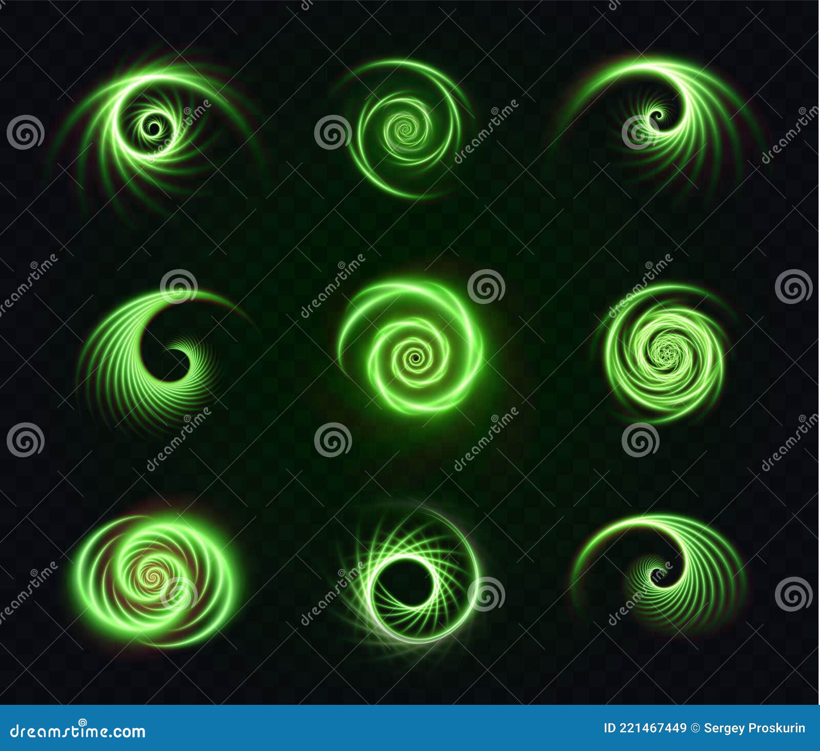 set of luminous green spirals on a transparent background. light green m oving curls. neon green abstract light lines