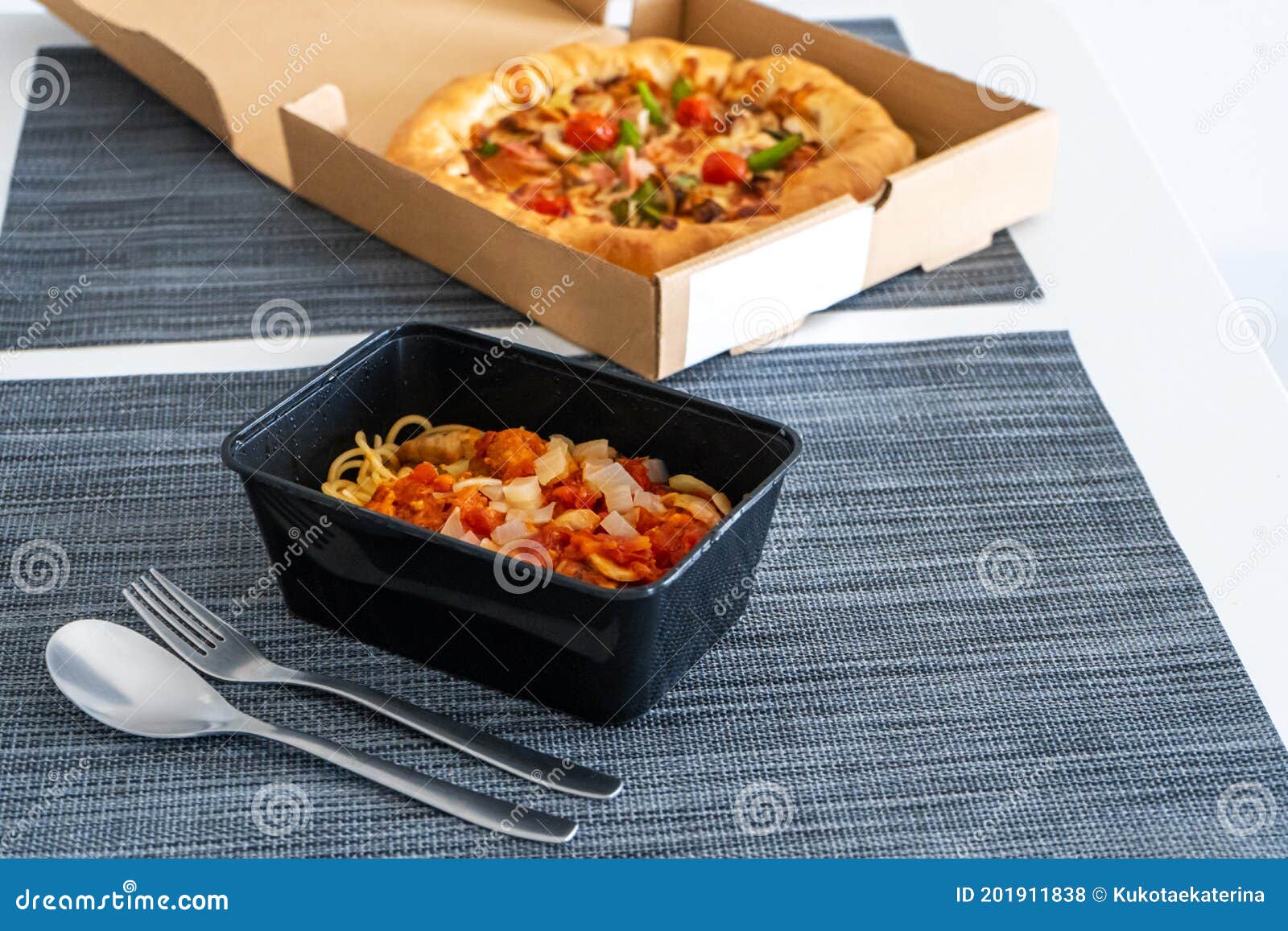 Set Lunch, Pizza with Pasta. Food Delivery Stock Photo Image of meal