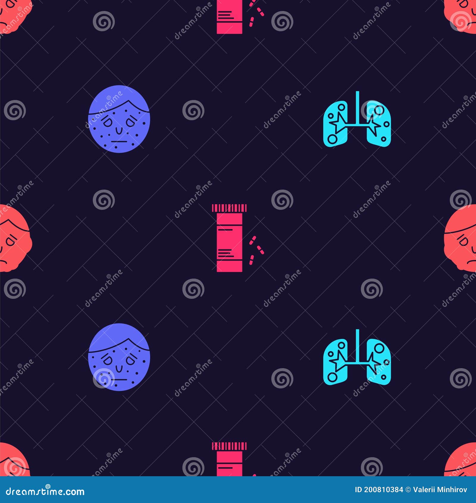 Set Lungs, Face with Psoriasis or Eczema, Medicine Bottle and Pills and