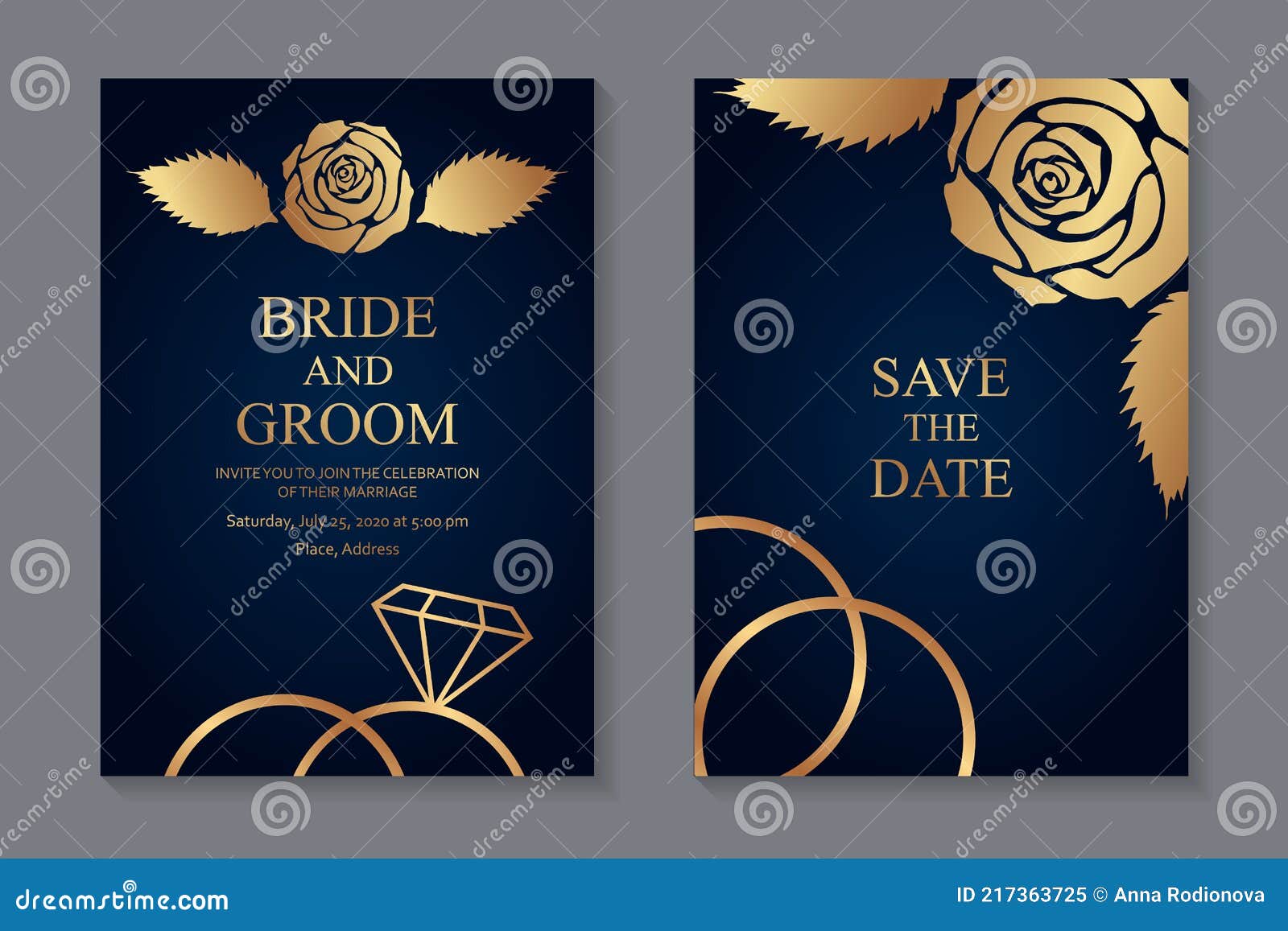 Wedding Invitation Design with Golden Roses and Rings on a Navy Blue  Background Stock Vector - Illustration of birthday, gold: 217363725