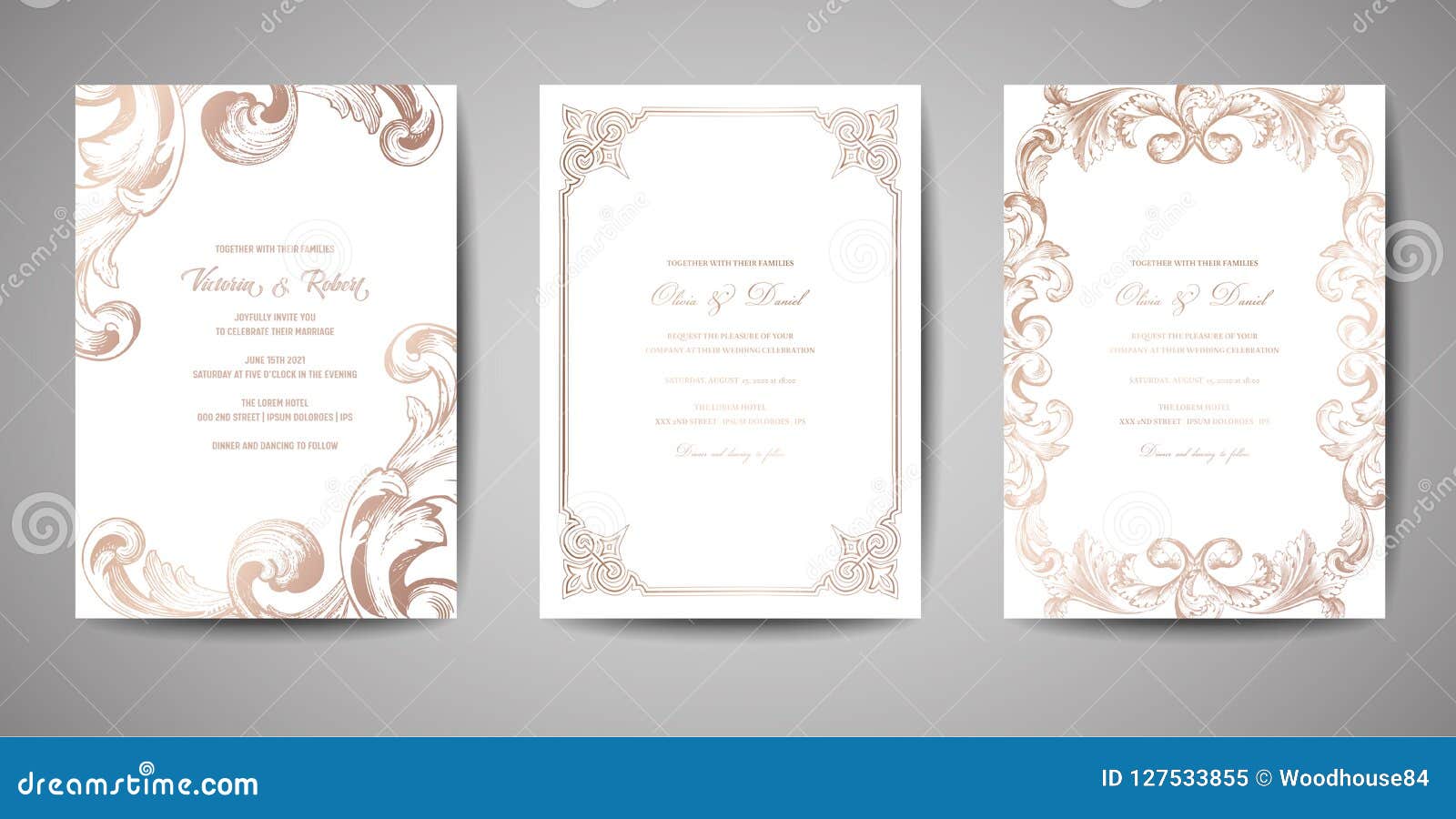 set of luxury vintage wedding save the date, invitation cards collection with gold foil frame and wreath. trendy cover