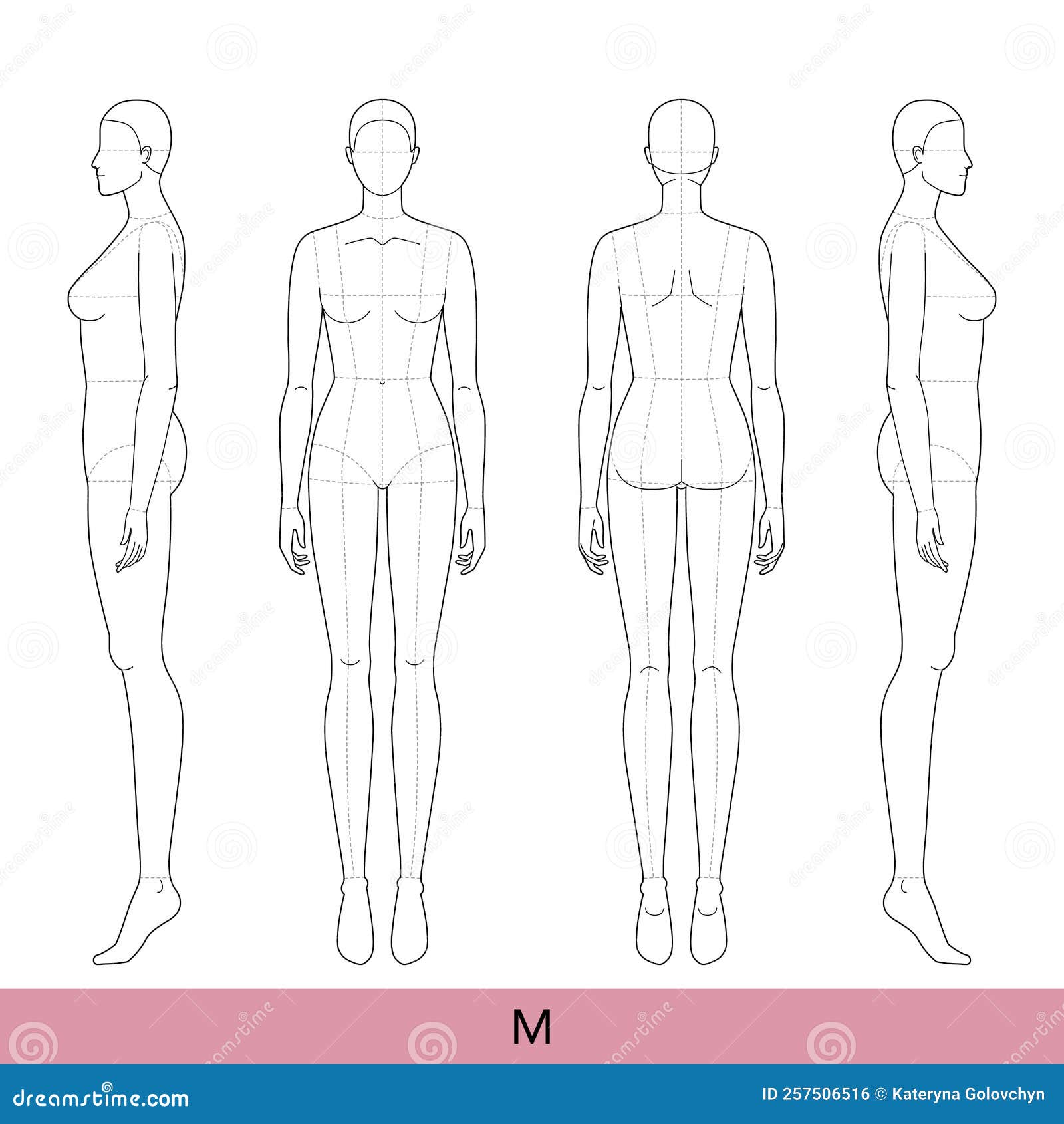 set of m size women fashion template 9 nine head croquis with main lines lady model skinny body figure front, 3-4, back