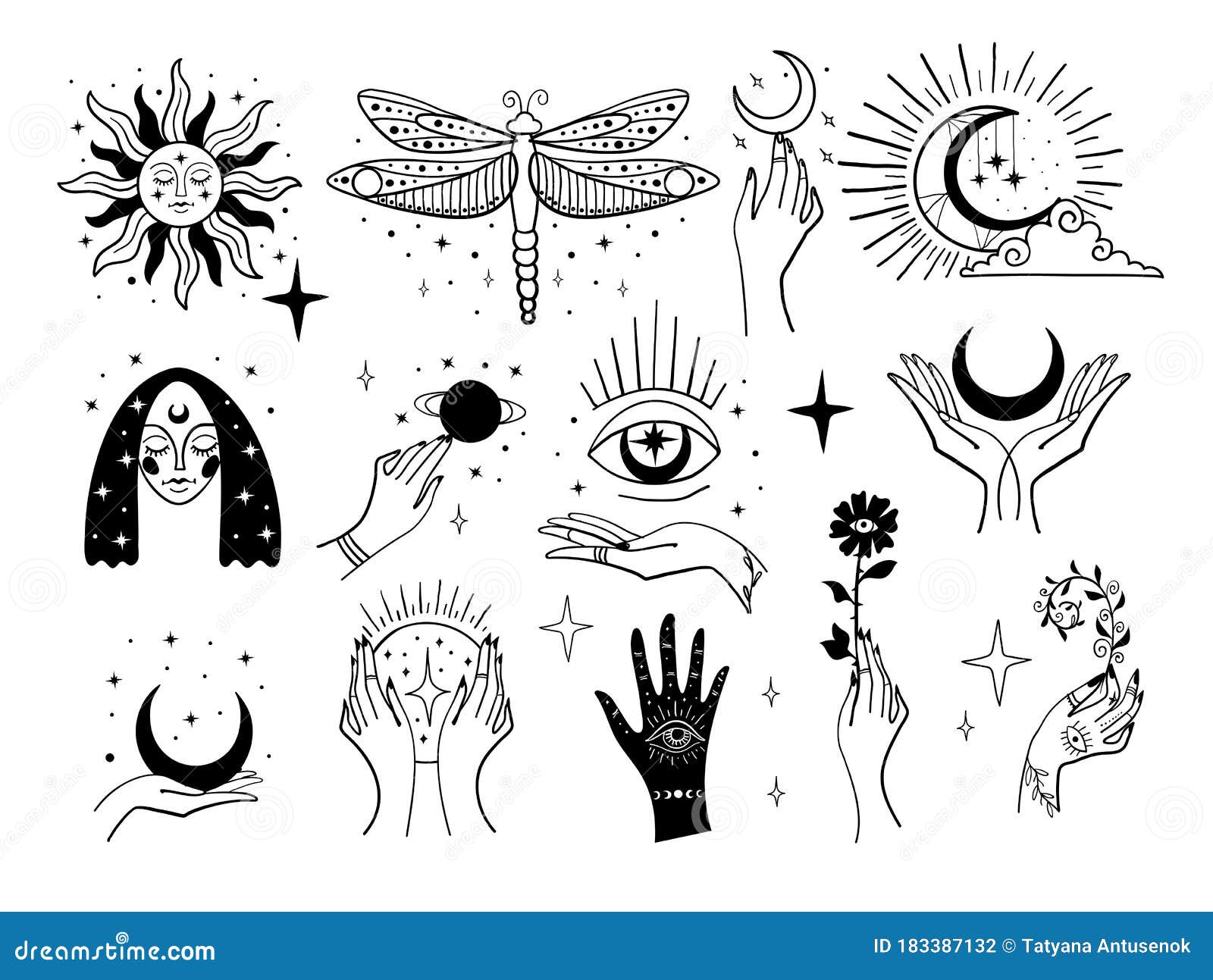 Hands clipart, magic mystic hand gestures icons symbols, Esoteric  witchcraft women hand, Black white line art outline hands PNG download