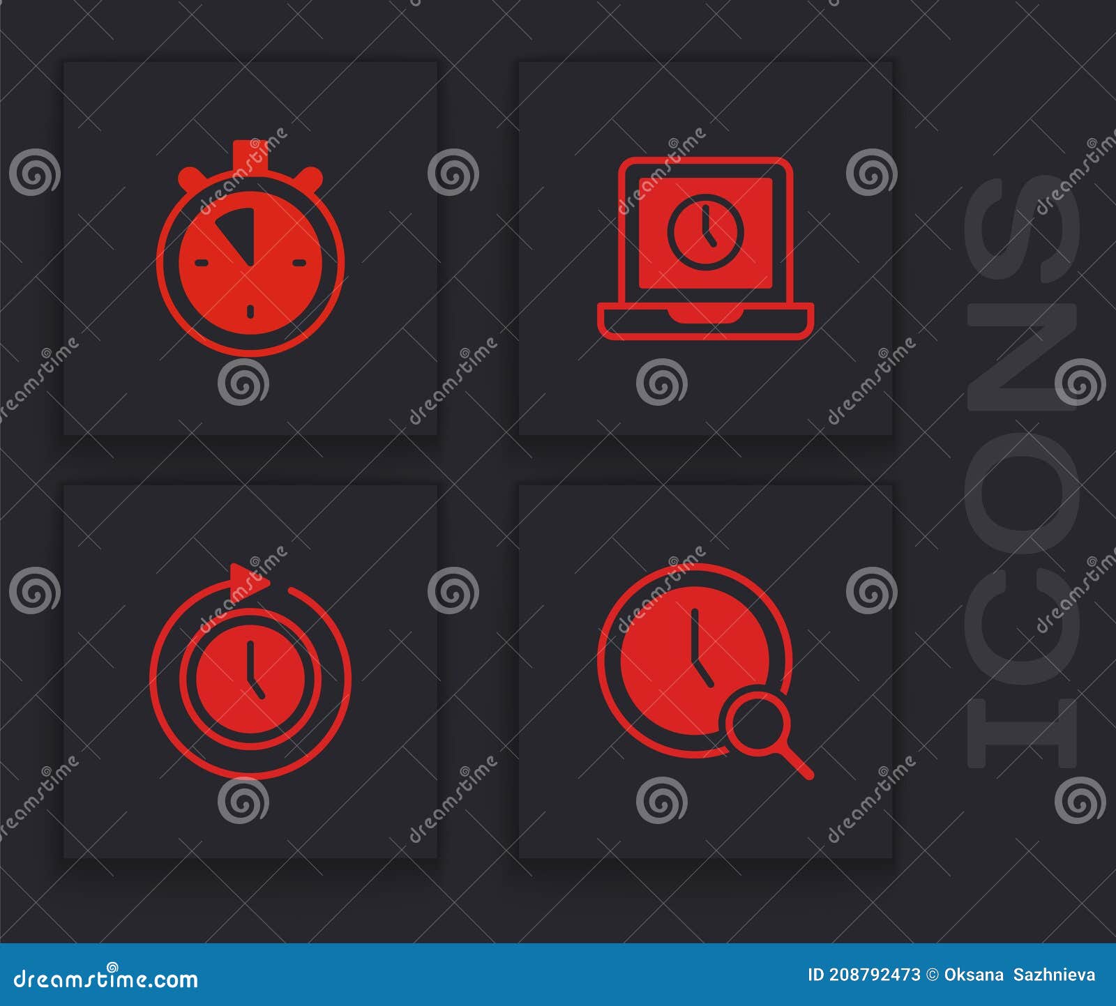 Set Magnifying Glass with Clock, Stopwatch, Laptop Time and Clock Arrow