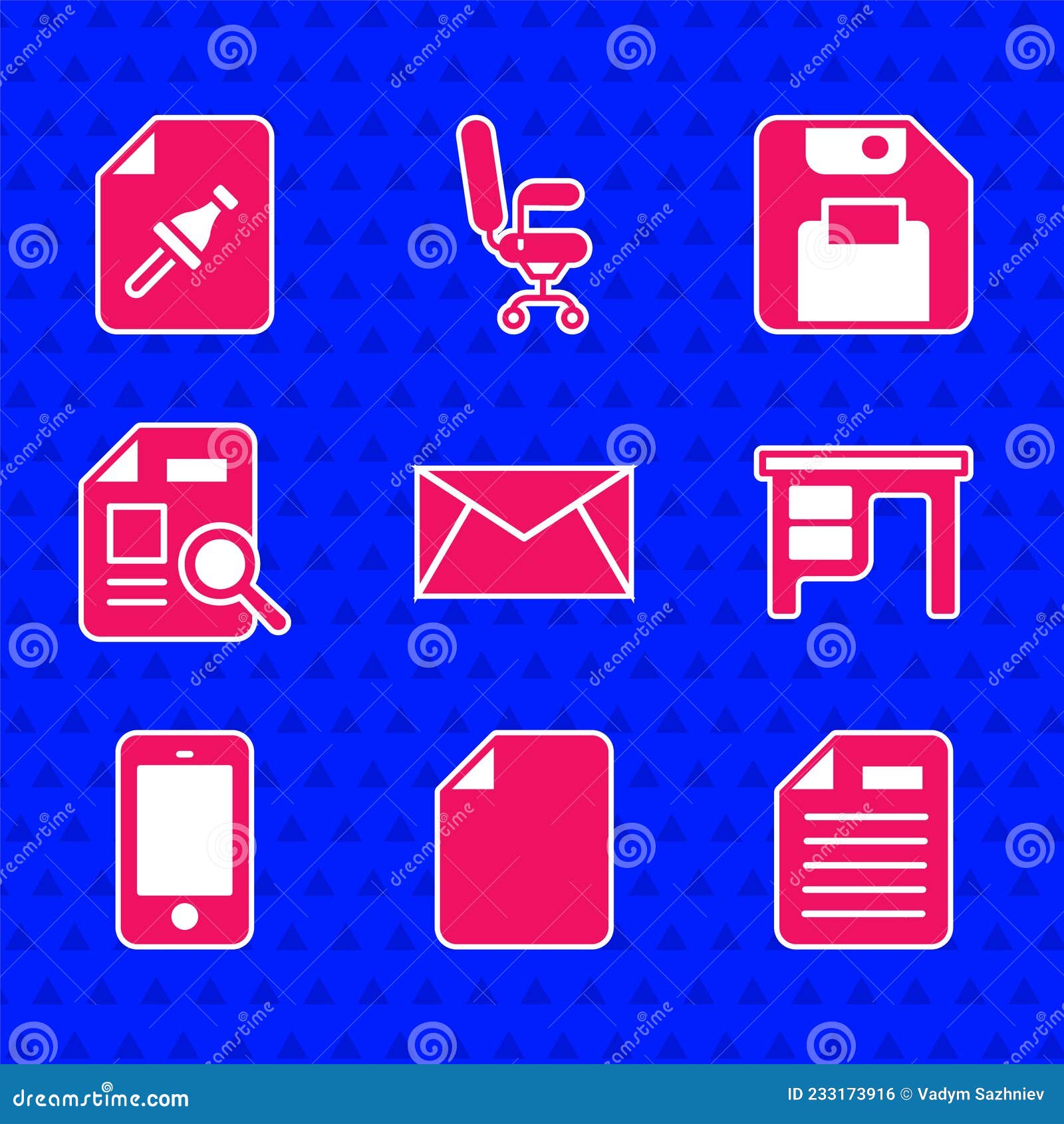 set mail and e-mail, file document, office desk, mobile phone, document with graph chart, floppy disk and note paper