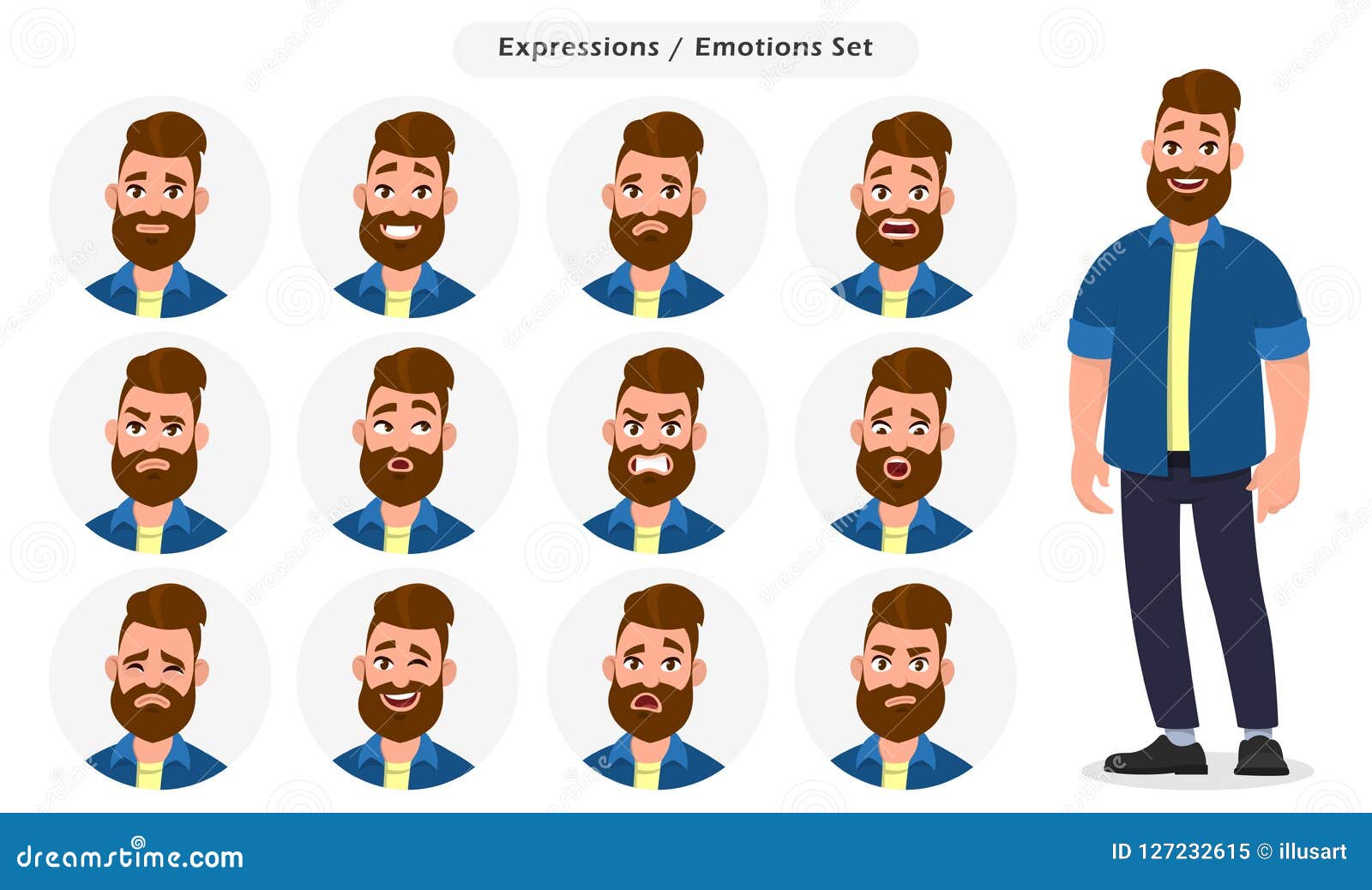 set of male facial different expressions. man emoji character with different emotions. emotions and body language concept illustra