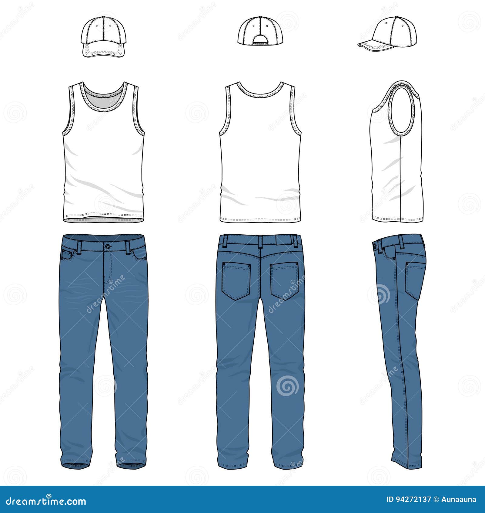 Set of Male Vest, Jeans, Baseball Cap. Stock Illustration ...