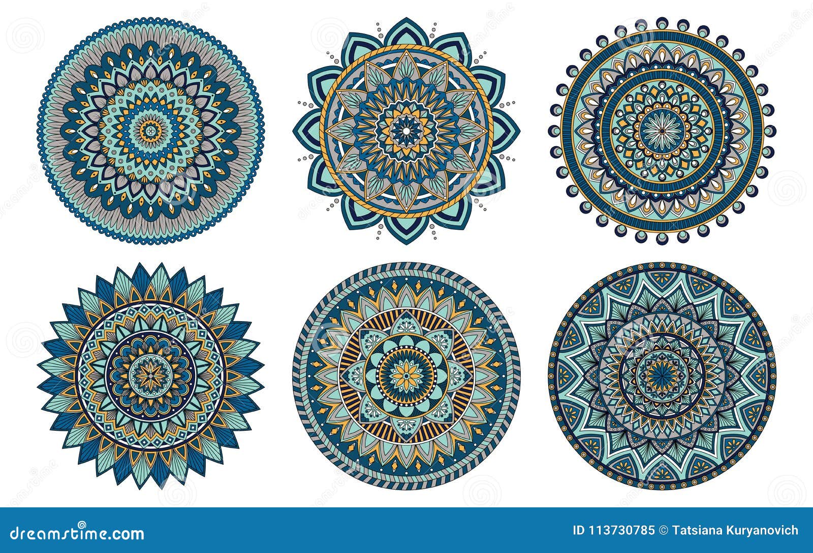 set of 6 mandalas painted in the same palette,  