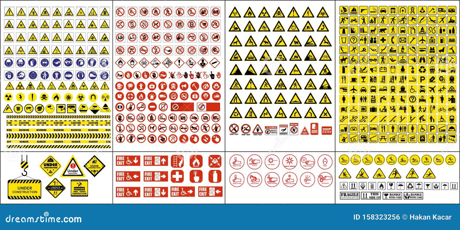 set of mandatory sign, hazard sign, prohibited sign, occupational safety and health signs, warning signboard, fire emergency sign.