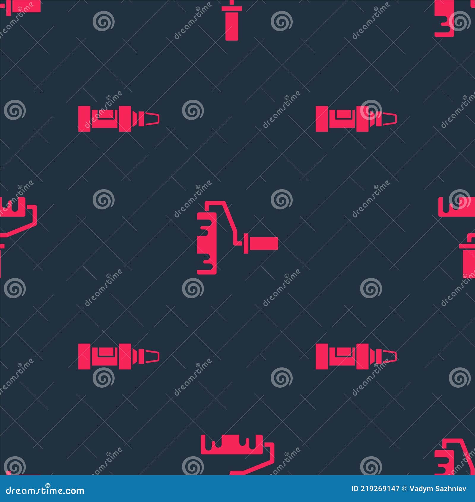 Set Marker Pen and Paint Roller Brush on Seamless Pattern. Vector Stock