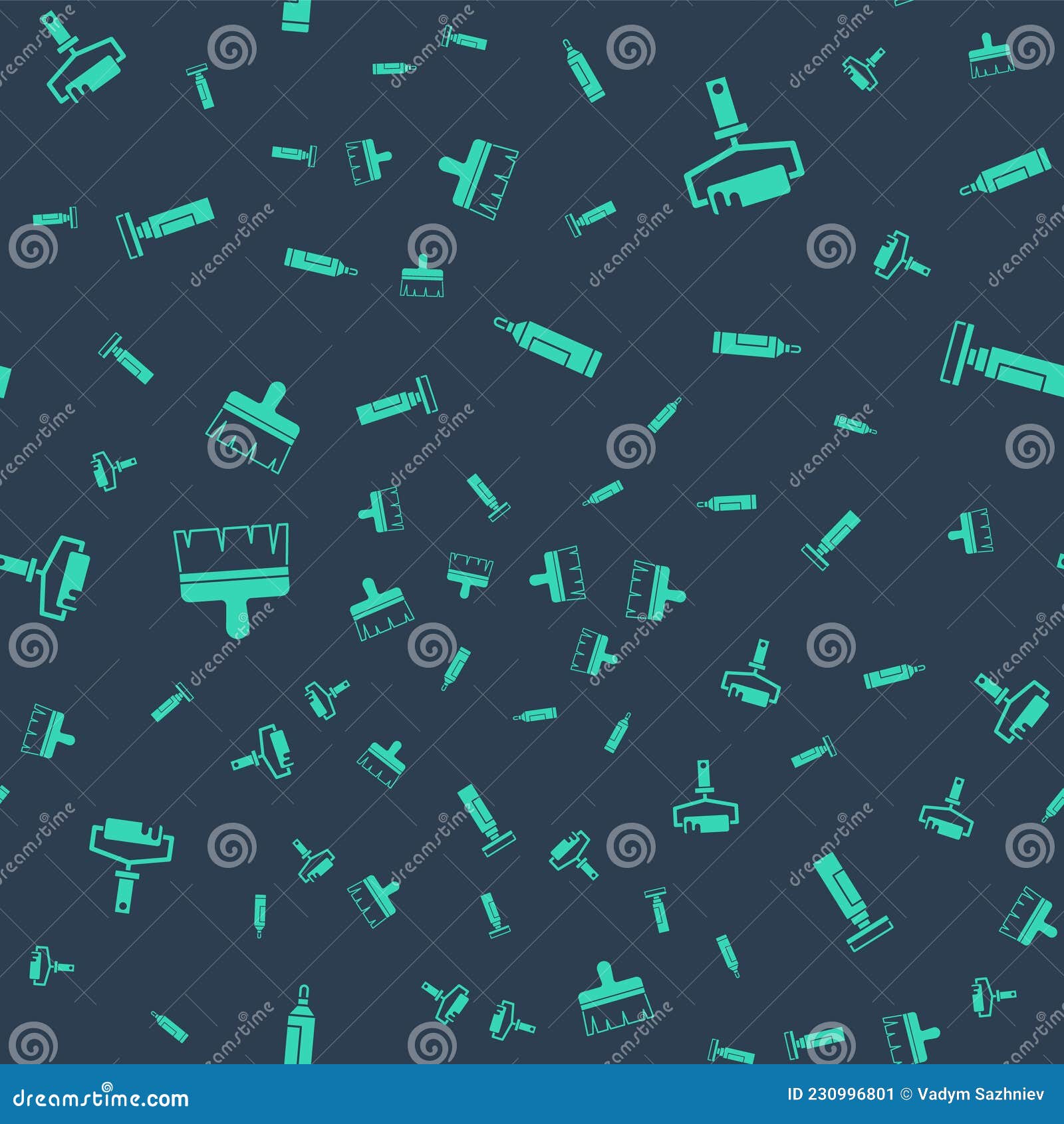 Set Marker Pen, Paint Roller Brush, and on Seamless Pattern. Vector