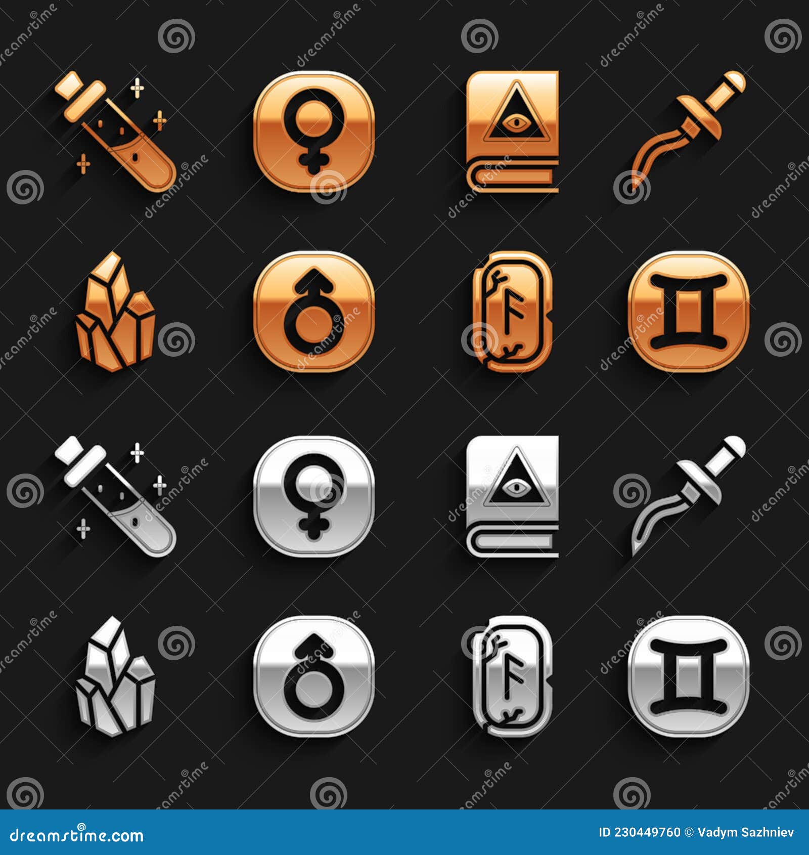 Set Mars, Dagger, Gemini Zodiac, Magic Runes, Stone, Ancient Magic Book ...