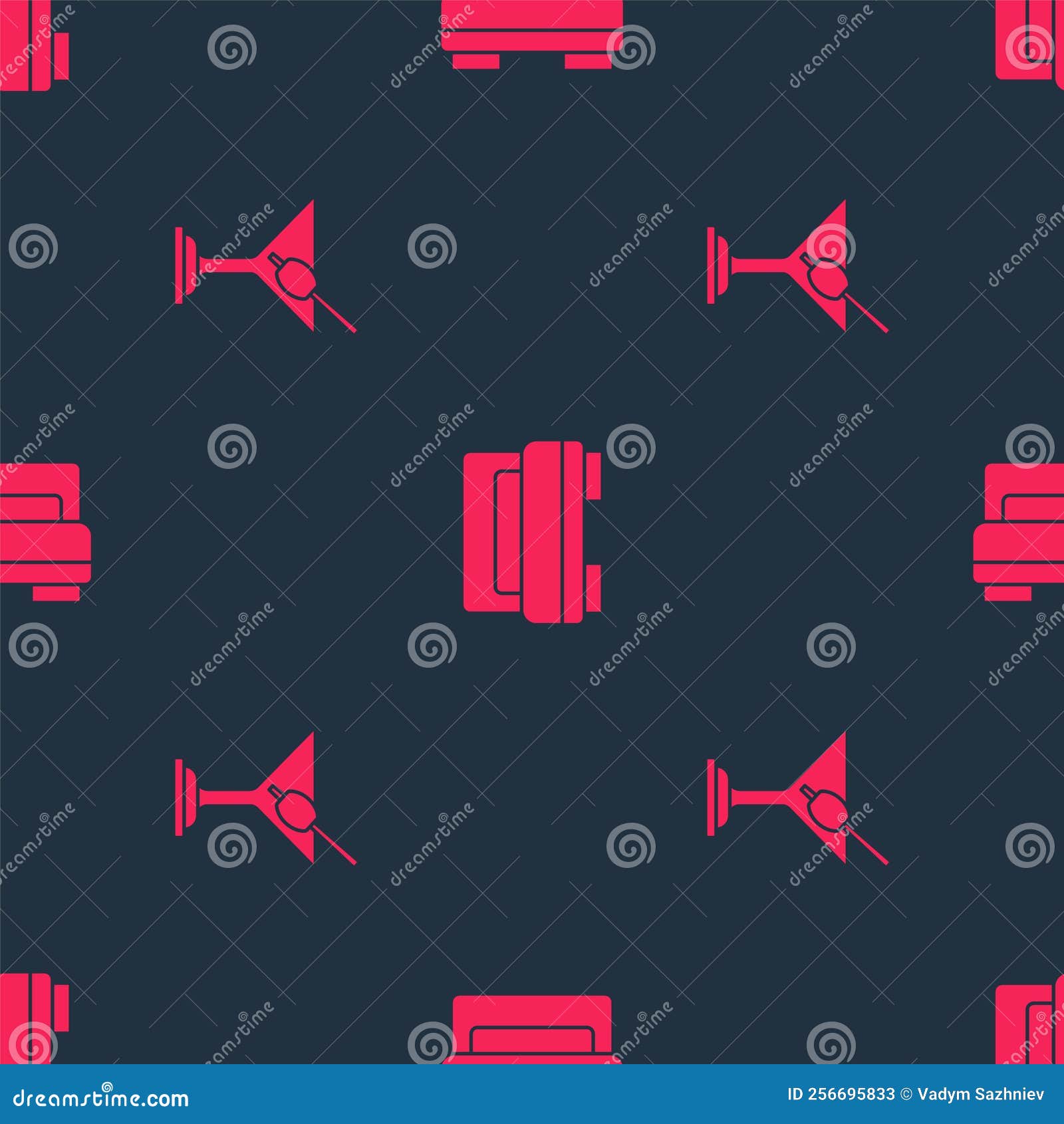 Set Martini Glass and Hotel Room Bed on Seamless Pattern. Vector Stock