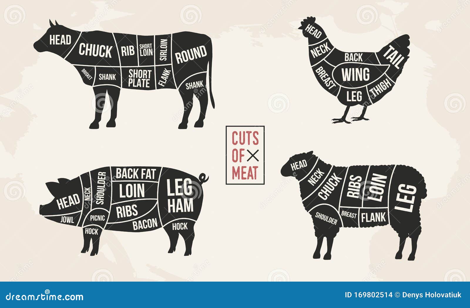 set of meat diagrams. cuts of meat. cow, chicken, pig and sheep silhouette. vintage posters for groceries, butcher shop, meat stor