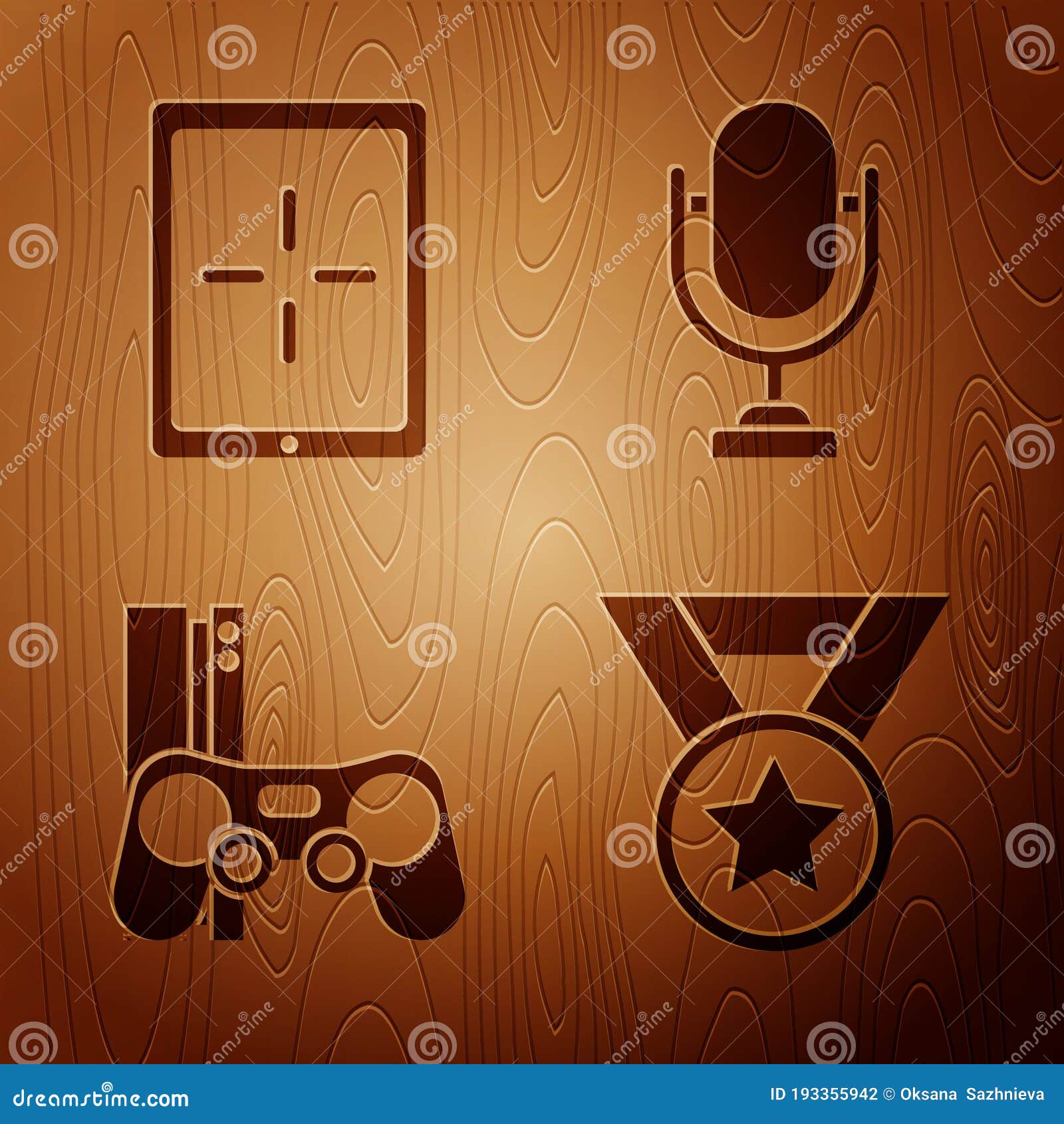 Set Medal Tablet Game Console With Joystick And Microphone On Wooden Background Vector Stock Vector Illustration Of Audio Screen 193355942