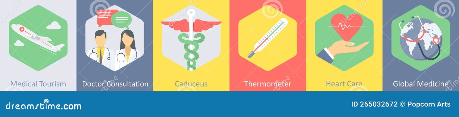 a set of 6 medical icons as medical tourism, dostor consultation, caduceus