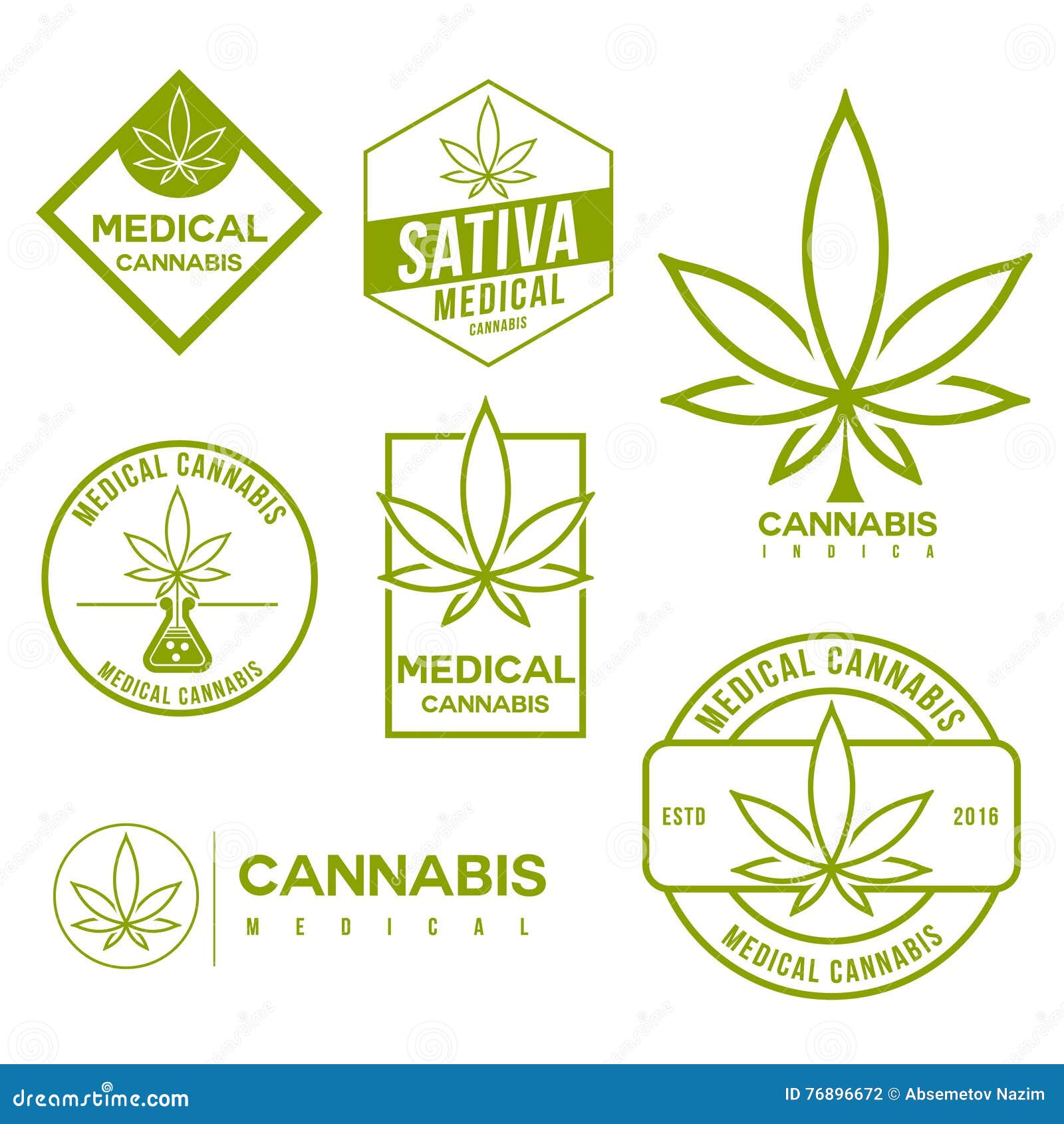 Set of Medical Marijuana Cannabis Emblems Stock Vector Illustration