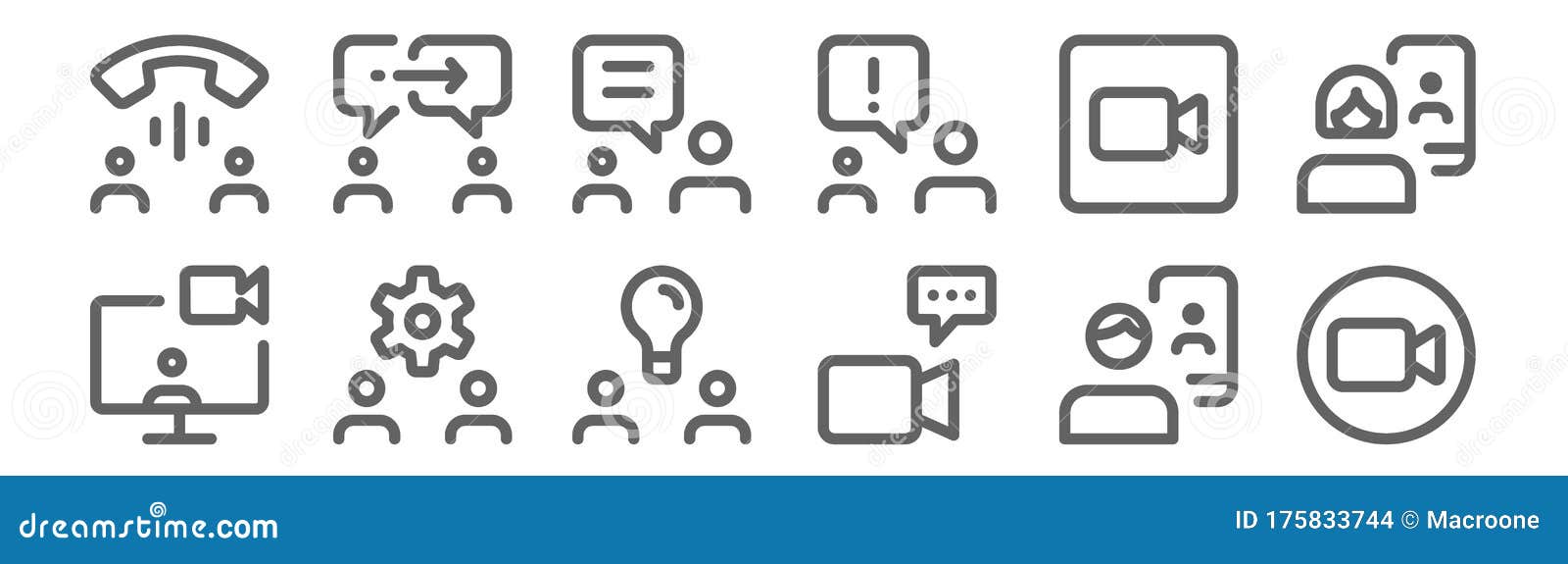 set of 12 meeting icons. outline thin line icons such as camera, video call, settings, camera, chatting, chatting