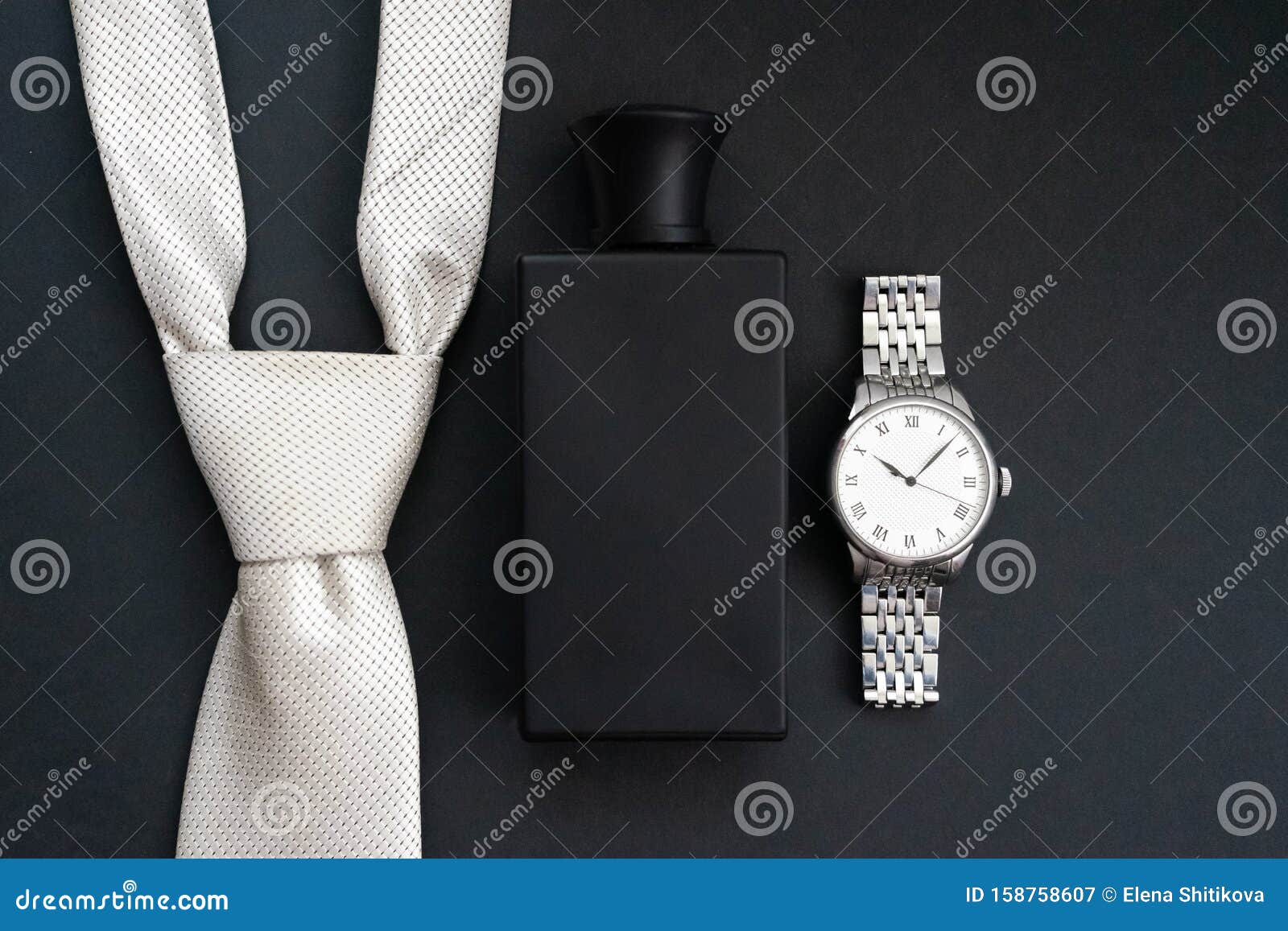 Set of Men`s Accessories, Watches, Necktie, Perfumes on a Dark ...