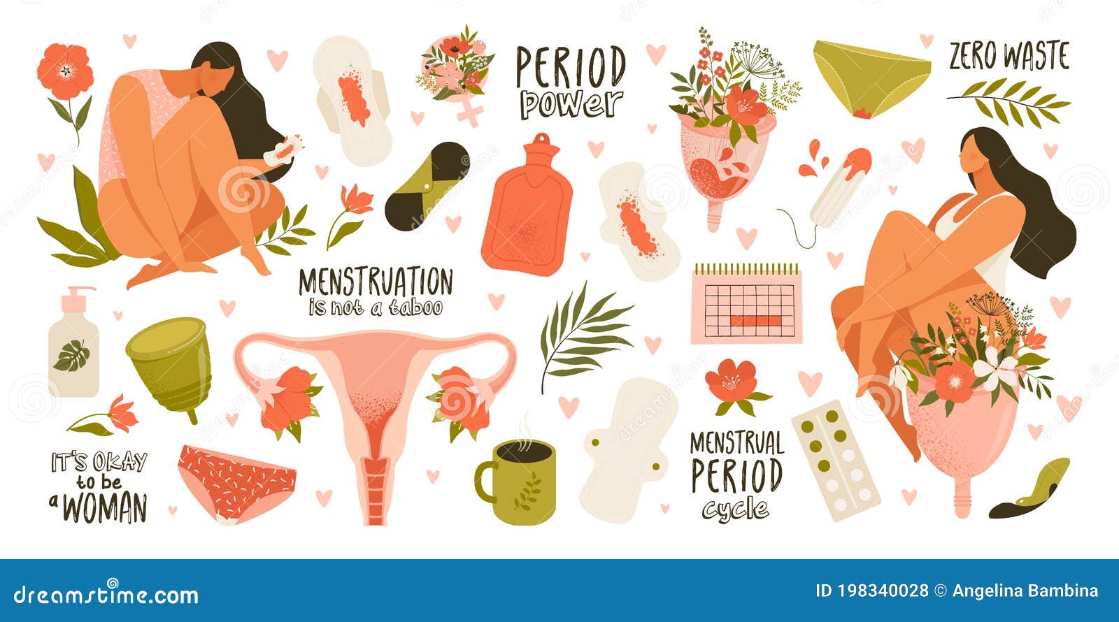 set of menstruation, period, female uterus, reproductive system stickers. zero waste objects. women with flowers