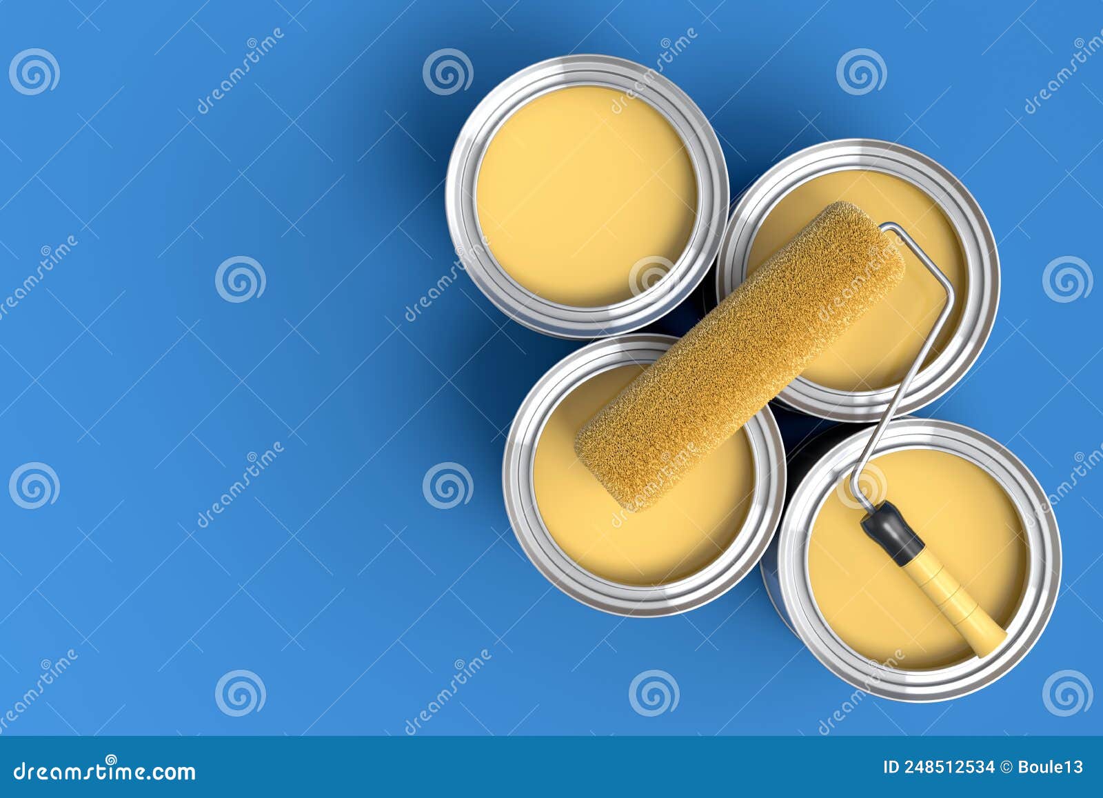 Set of Metal Cans or Buckets with Paint Roller and Brush on Blue ...