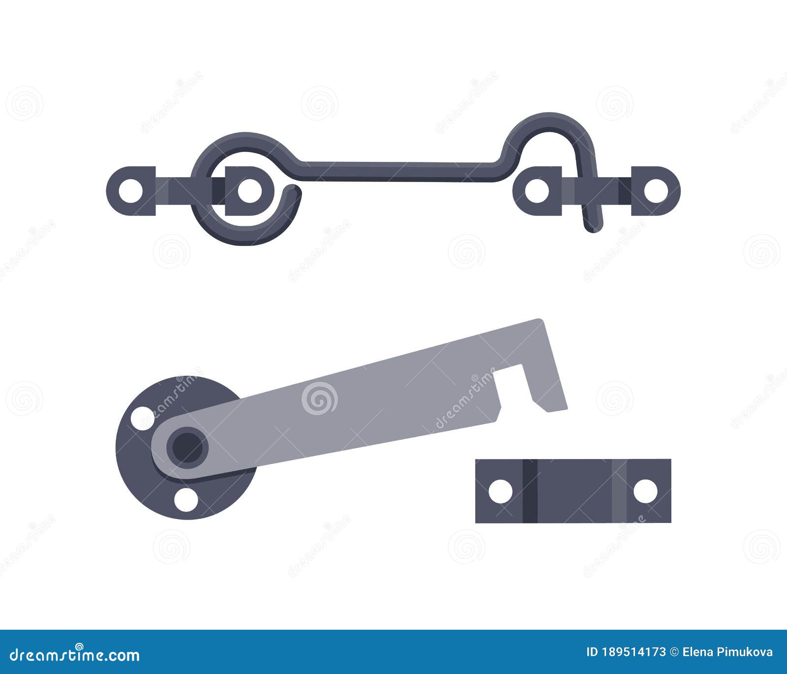 Set of Metal Door Hooks. Steel Safety Hardware Stock Vector