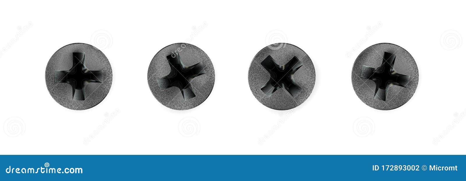 set metal self-tapping screws, heads, grey textured bolt caps. twisted in surface screw  on white background. macro black