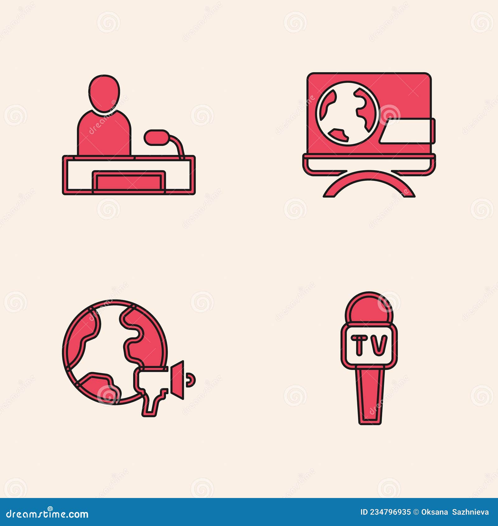 Set Microphone, Television Report, Breaking News and World Icon. Vector