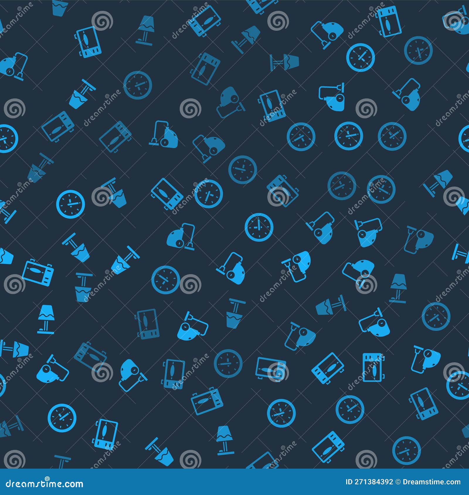 Set Microwave Oven, Vacuum Cleaner, Clock and Table Lamp on Seamless