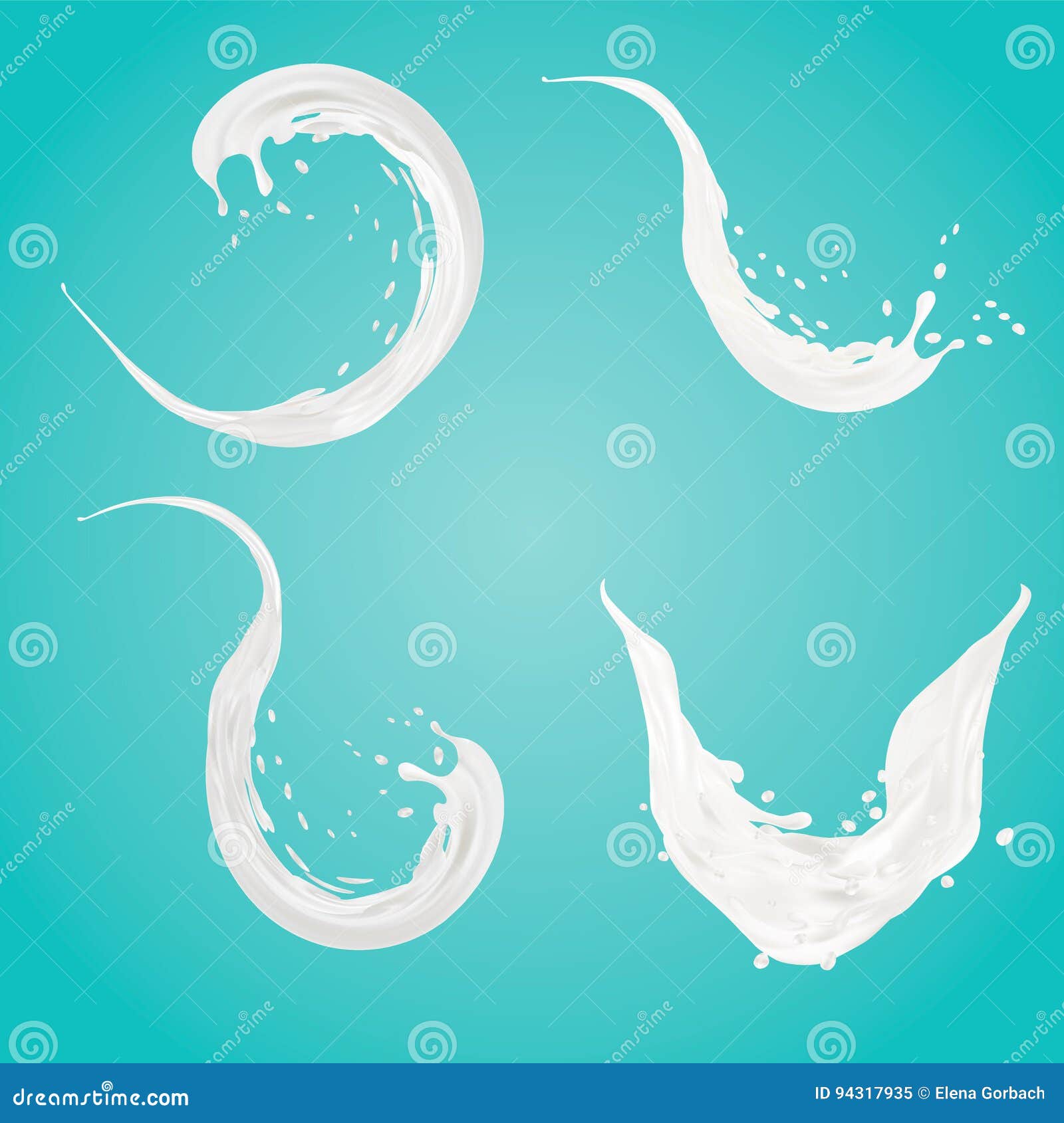 set of milk splashes   over blue background. pouring white liquid or dairy products. cream, yogurt fall