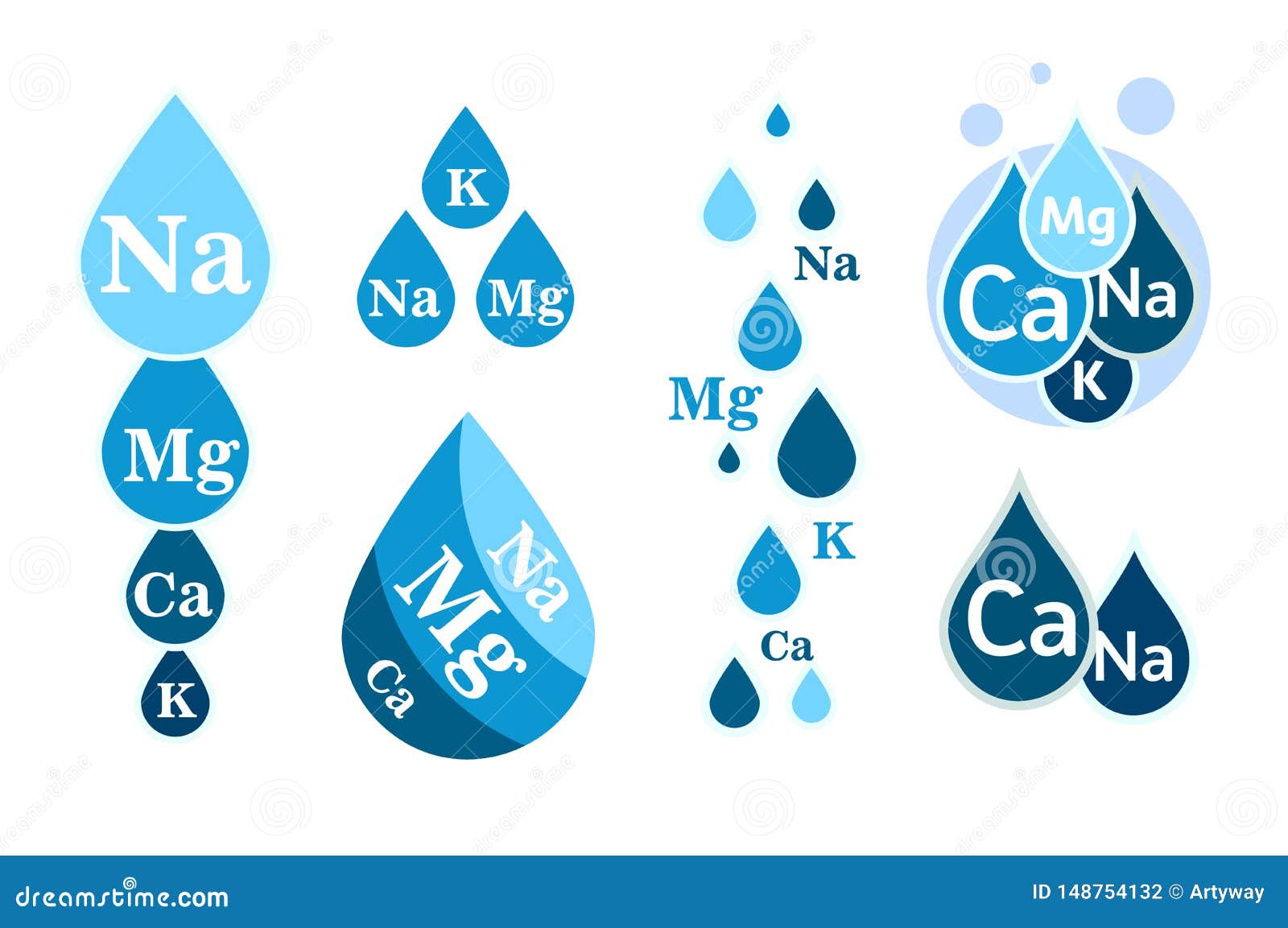 set of mineral water icon. blue drops with mineral ations. simple flat logos template. healthy water modern