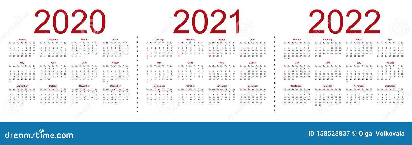 set of minimalist calendars years 2020 2021 2022 weeks start sunday