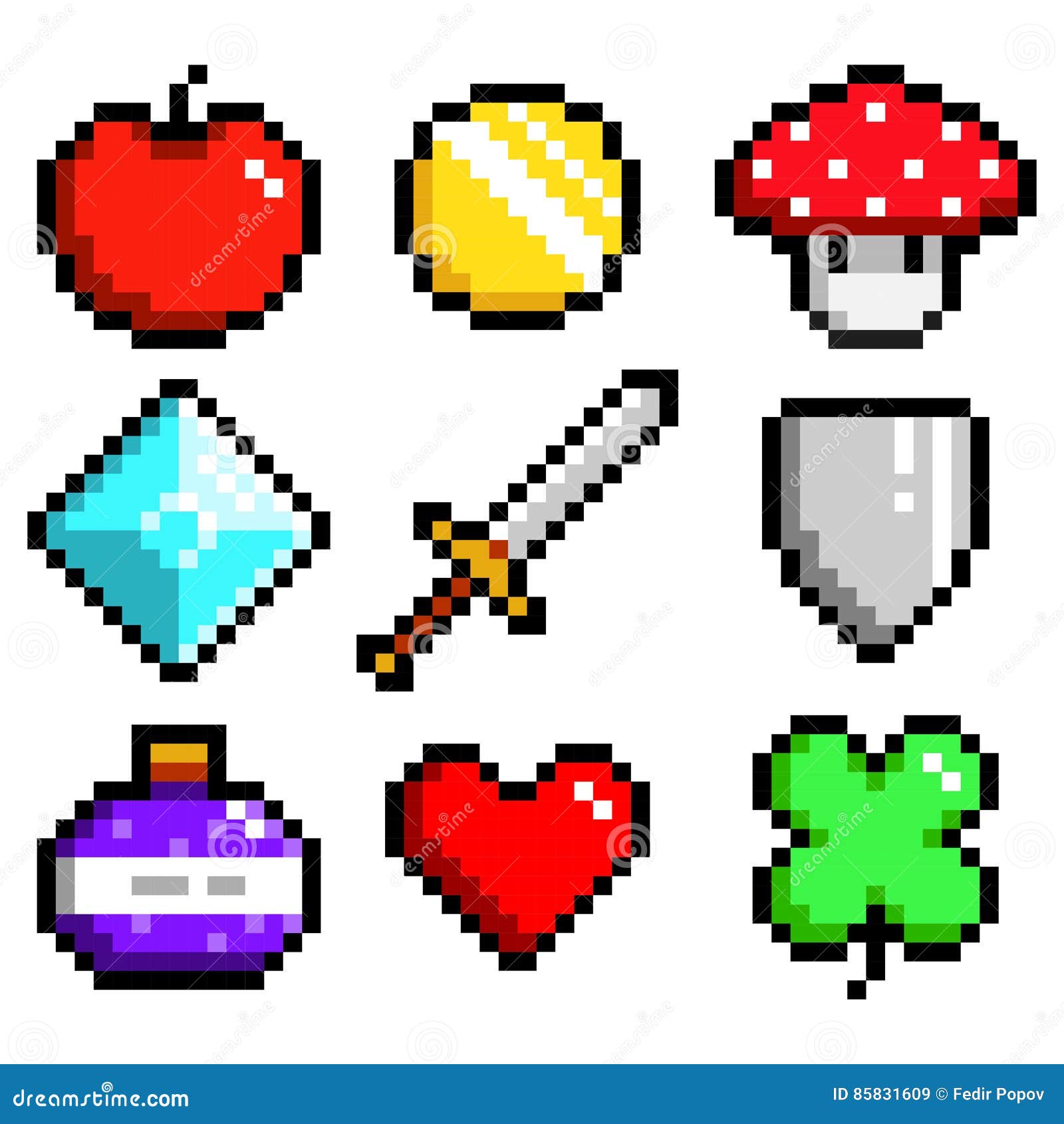 set of minimalistic pixel art objects 