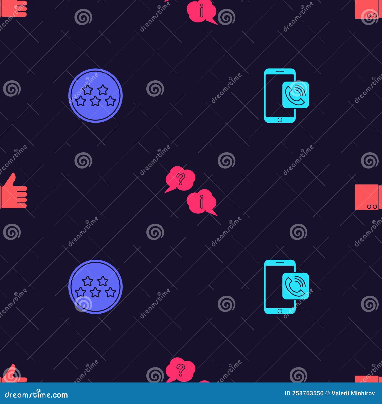 Set Mobile Phone Call, Five Stars Rating Review, Question and Exclamation and Hand Thumb Up on