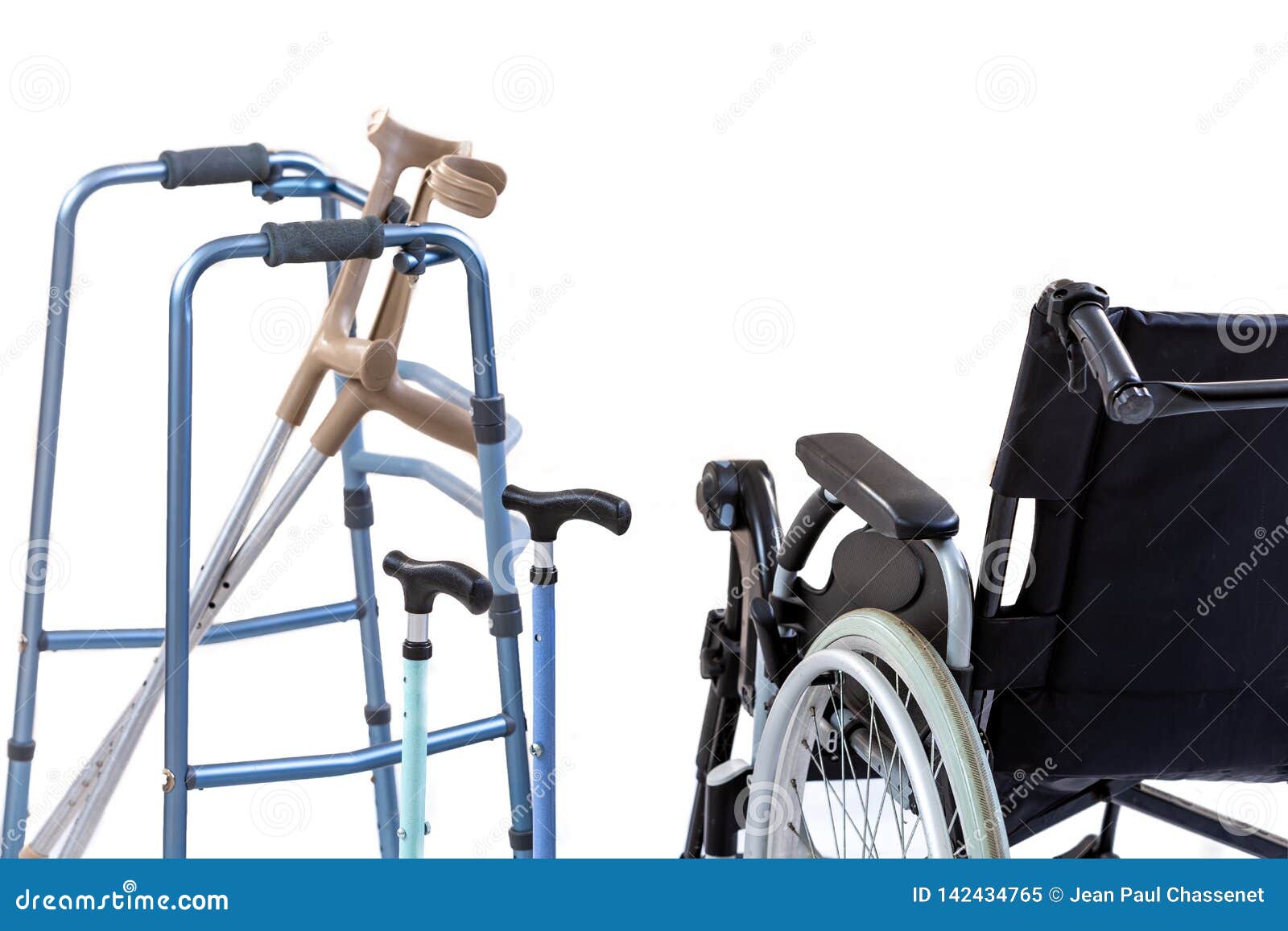 set of mobility aids including a wheelchair, walker, crutches, quad cane, and crutches.