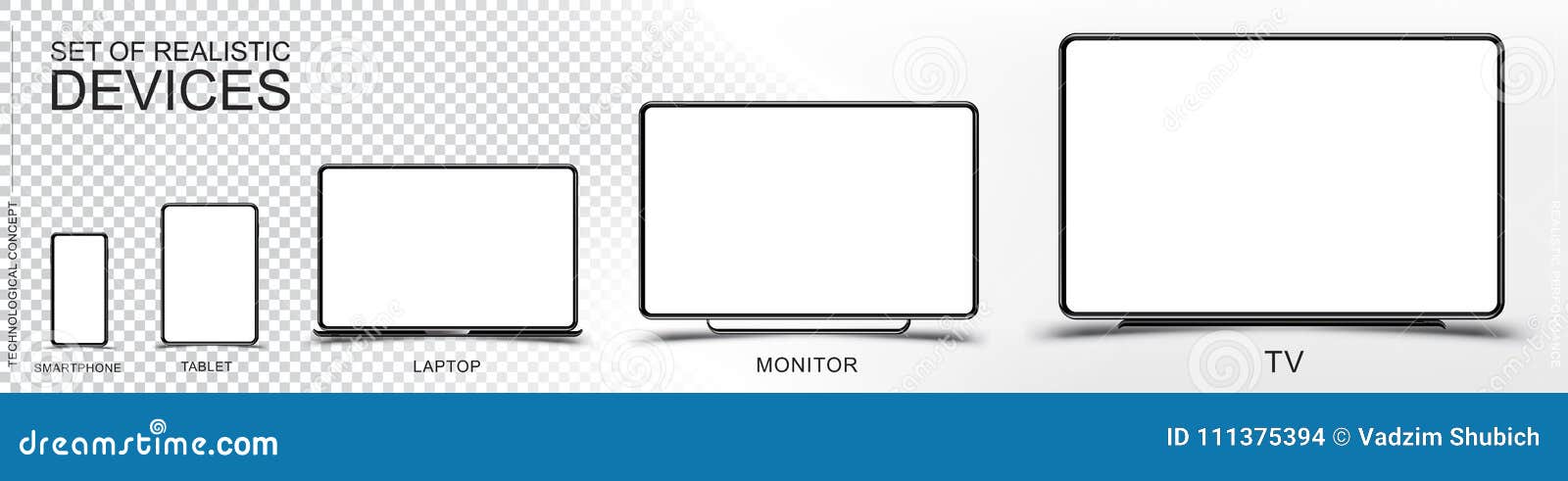 set mock-up of realistic devices. smartphone, tablet, laptop, monitor and tv on a transparent and white background. flat  il