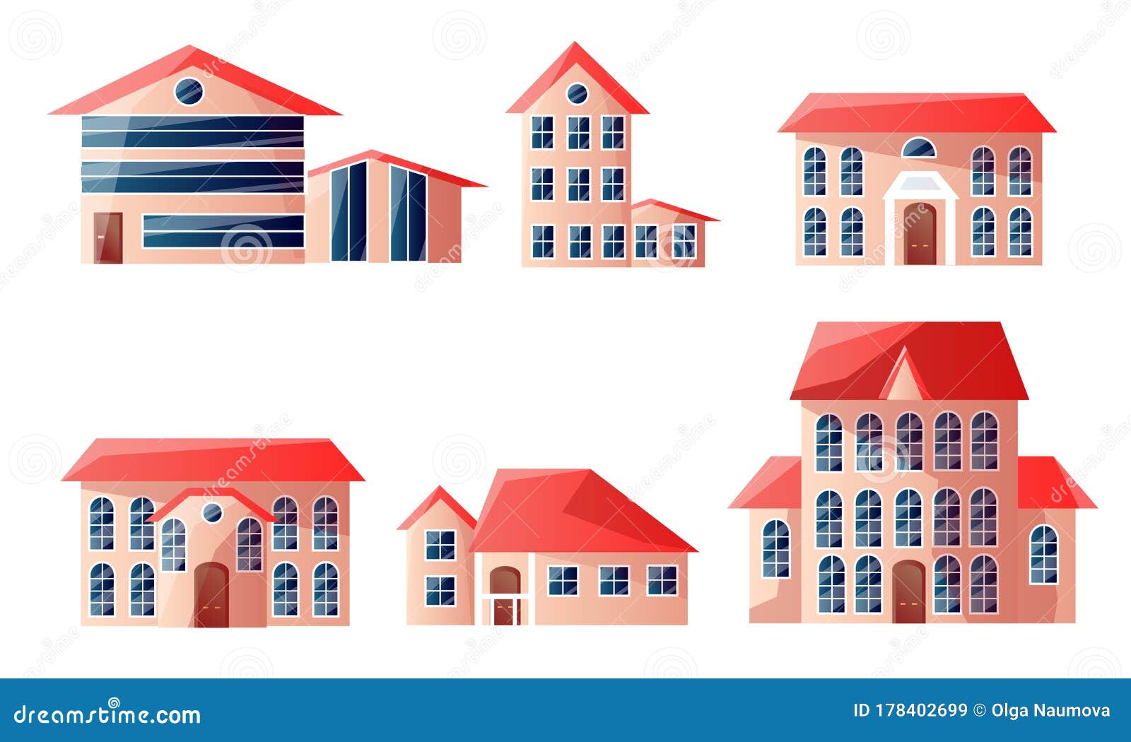 Set Of Modern Beautiful Urban Multi-story Houses With Red Roofs In