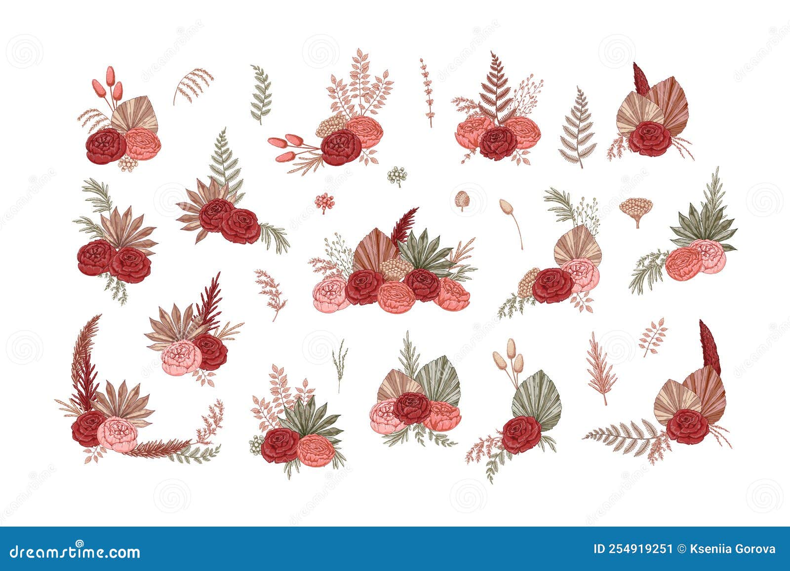 Set of Modern Dried Flowers Compositions. Boho Bouquets Stock Vector