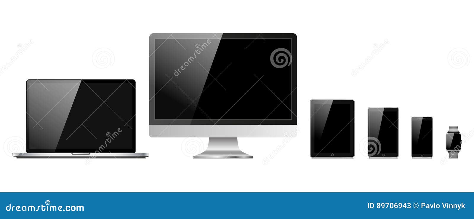 set of modern electronic devices  on white background - laptop, computer monitor, smart watch, tablet pc, mini pad and mob