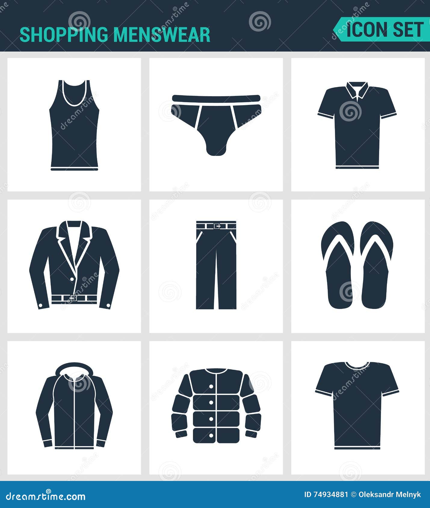 set of modern icons. shopping menswear t-shirt, skirts, pants, sneakers, leather jacket, shirt, jacket. black signs