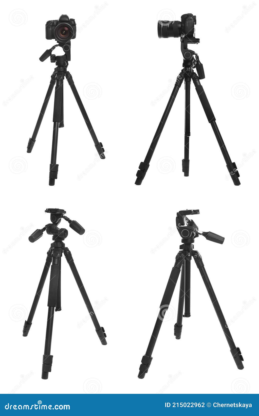 Set of Modern Tripods with Professional Cameras on White Background