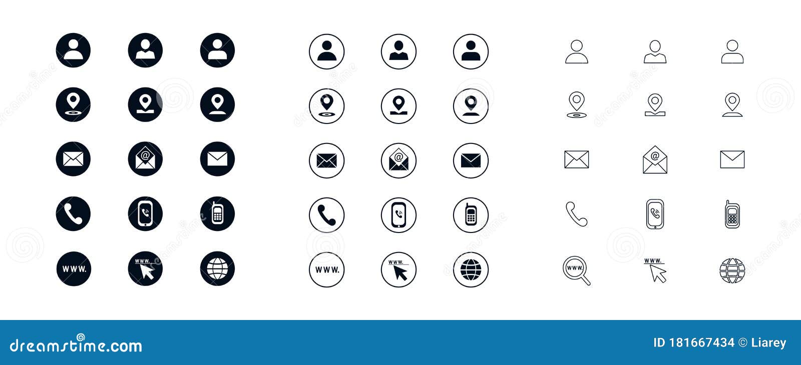 set of modern  business icons in different styles  on white background.  of location, email, phone