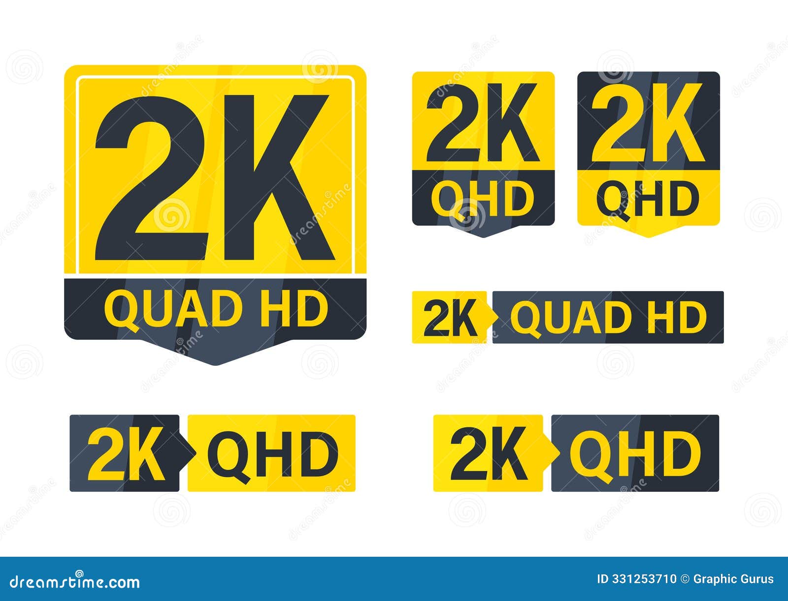 set of modern yellow and black 2k resolution icons indicating high quality digital content