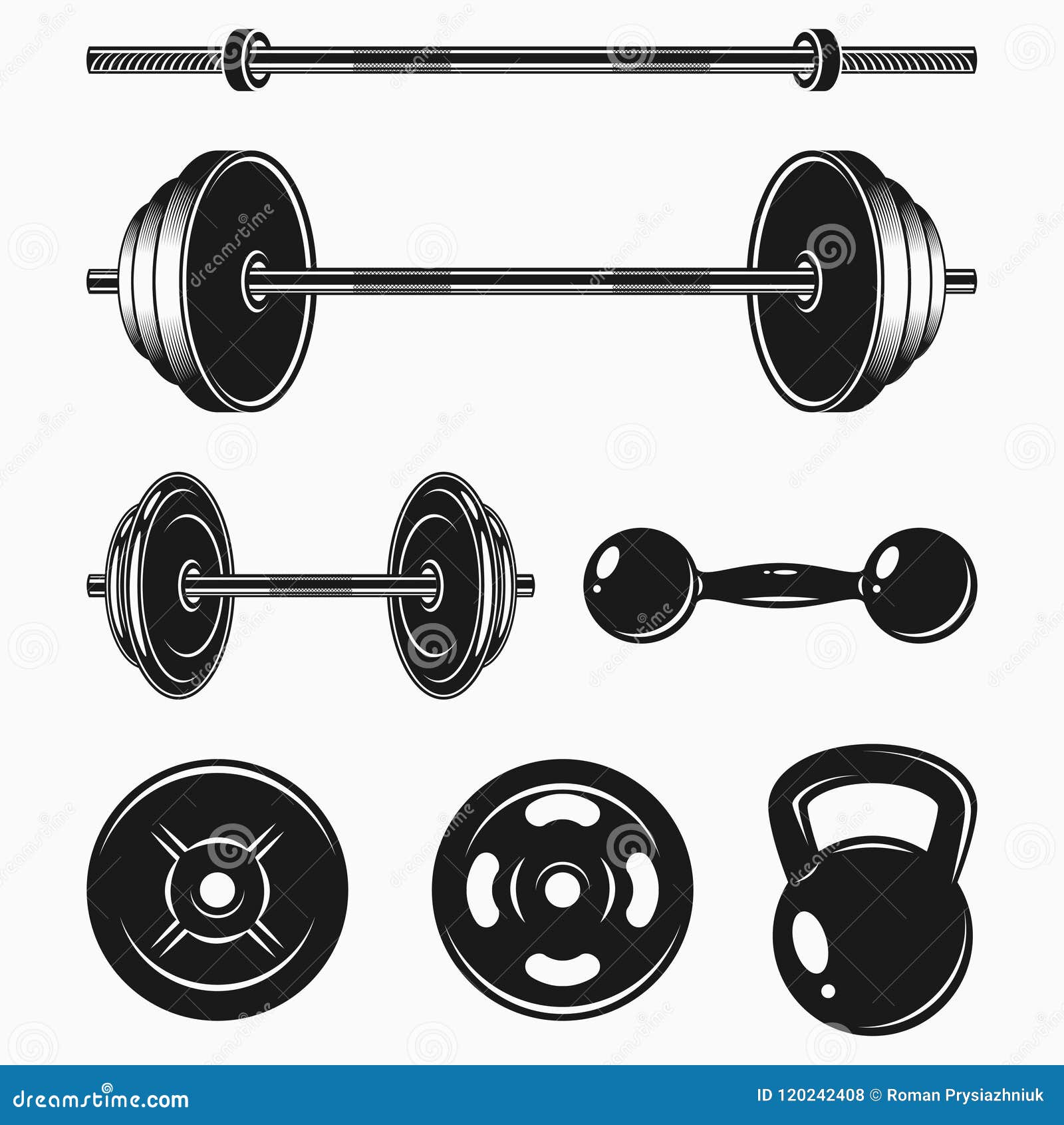 Set of Monochrome Bodybuilding Equipments. GYM or Fitness Elements