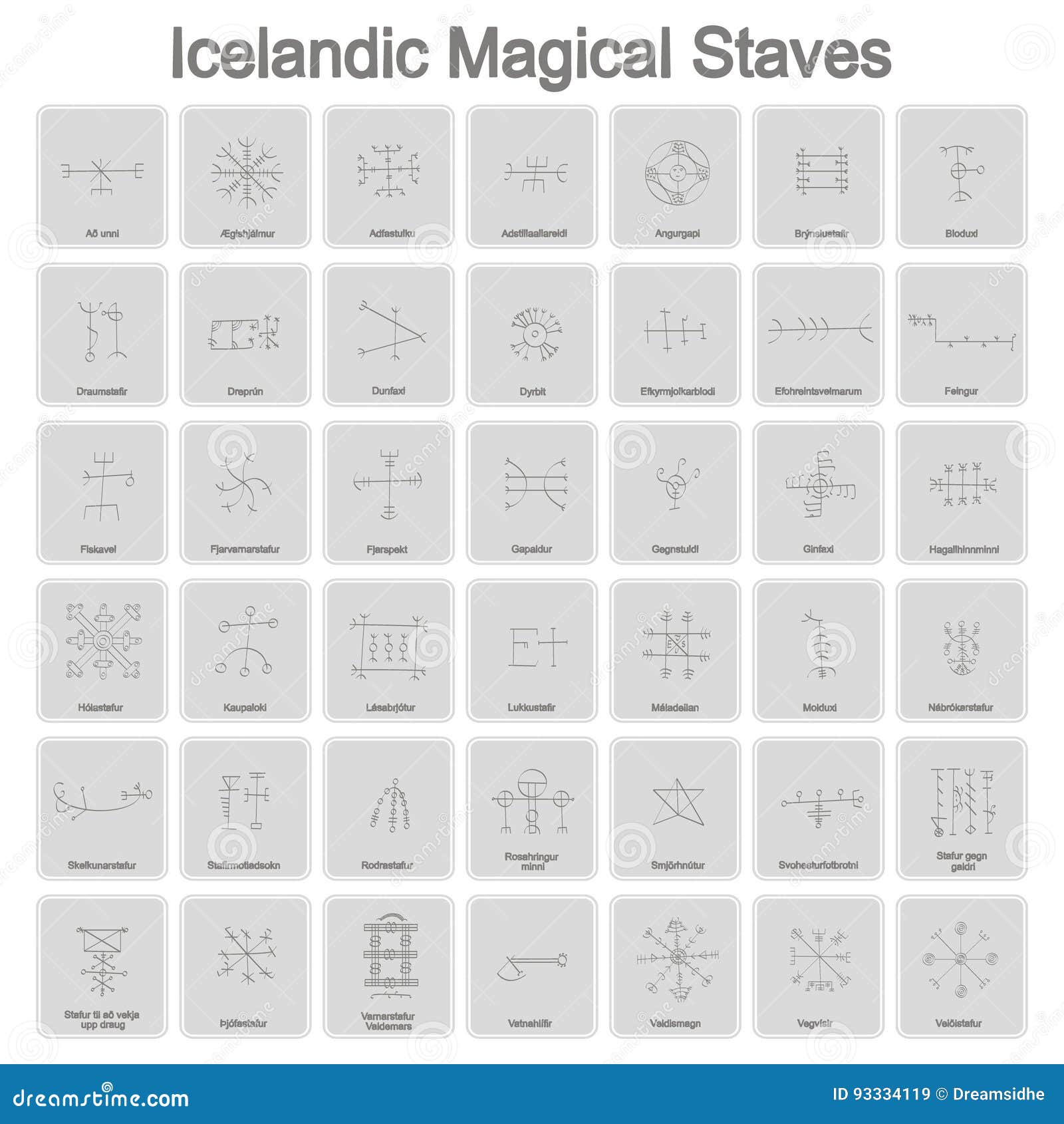 set of monochrome icons with icelandic magical s