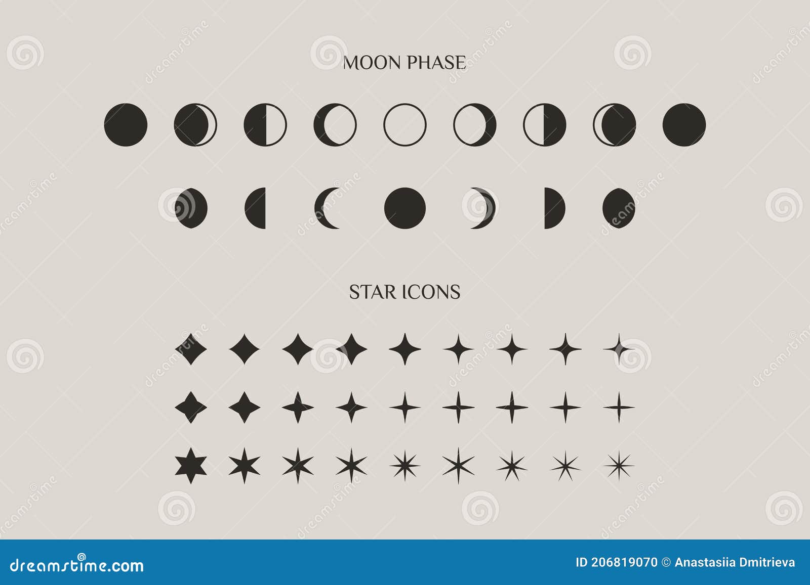 set of moon phase and stars sparkles sign in a trendy minimal style.  icons