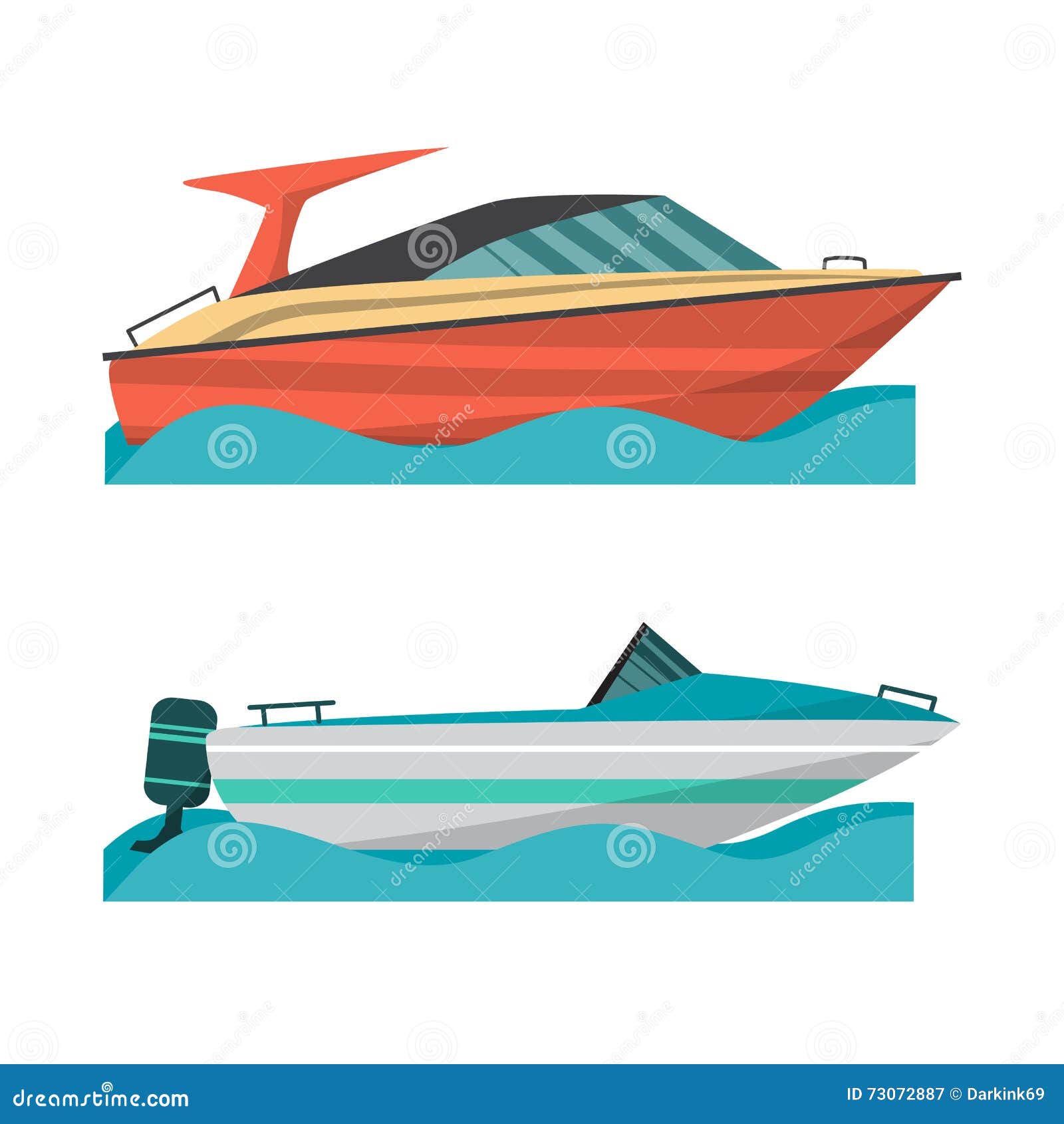 Set Motor Boat and Small Boat with Outboard Motor. Stock Vector