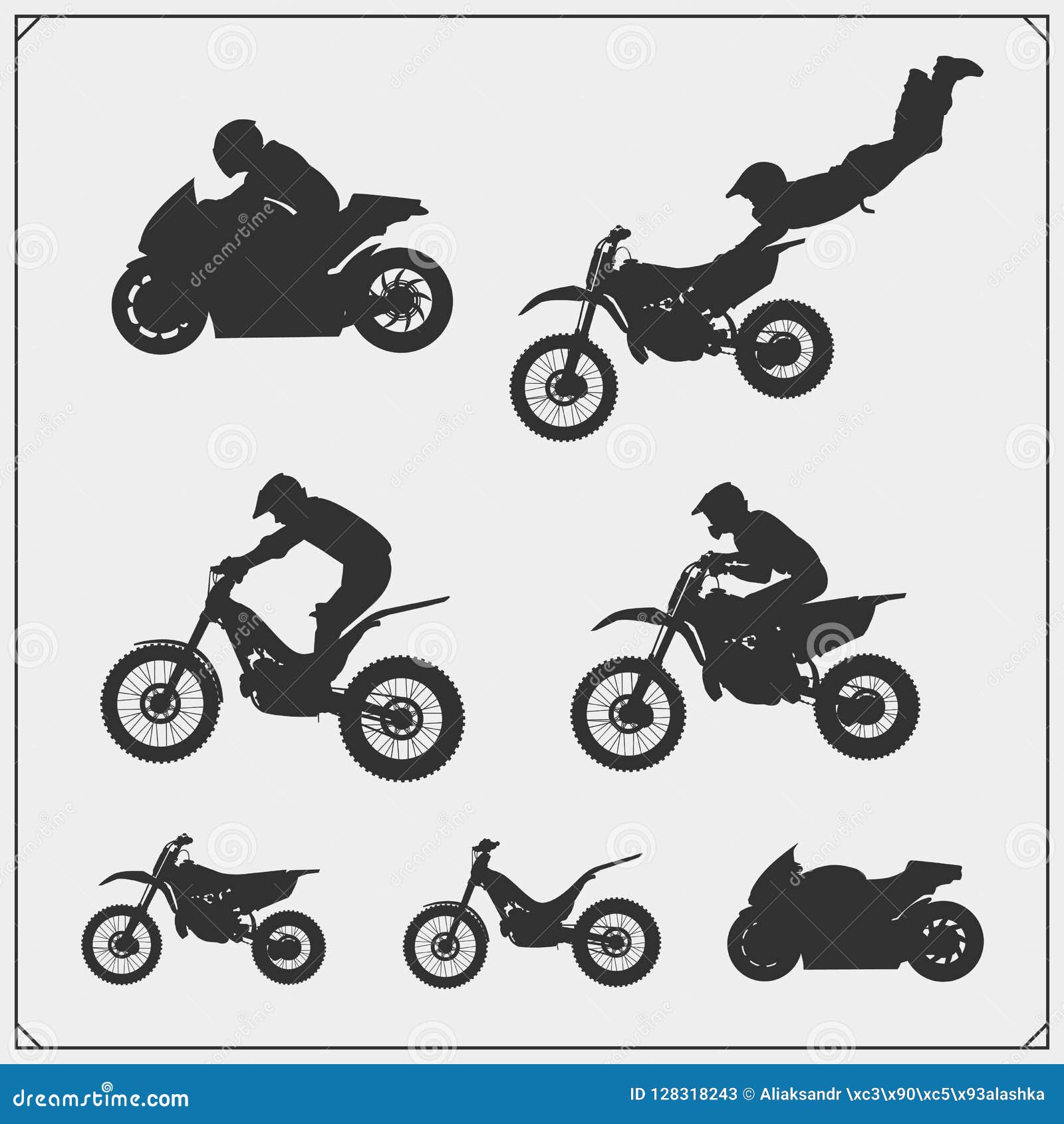 set of motor sport silhouettes, labels and emblems. motocross jumping riders, moto trial, moto freestyle and motor racing.