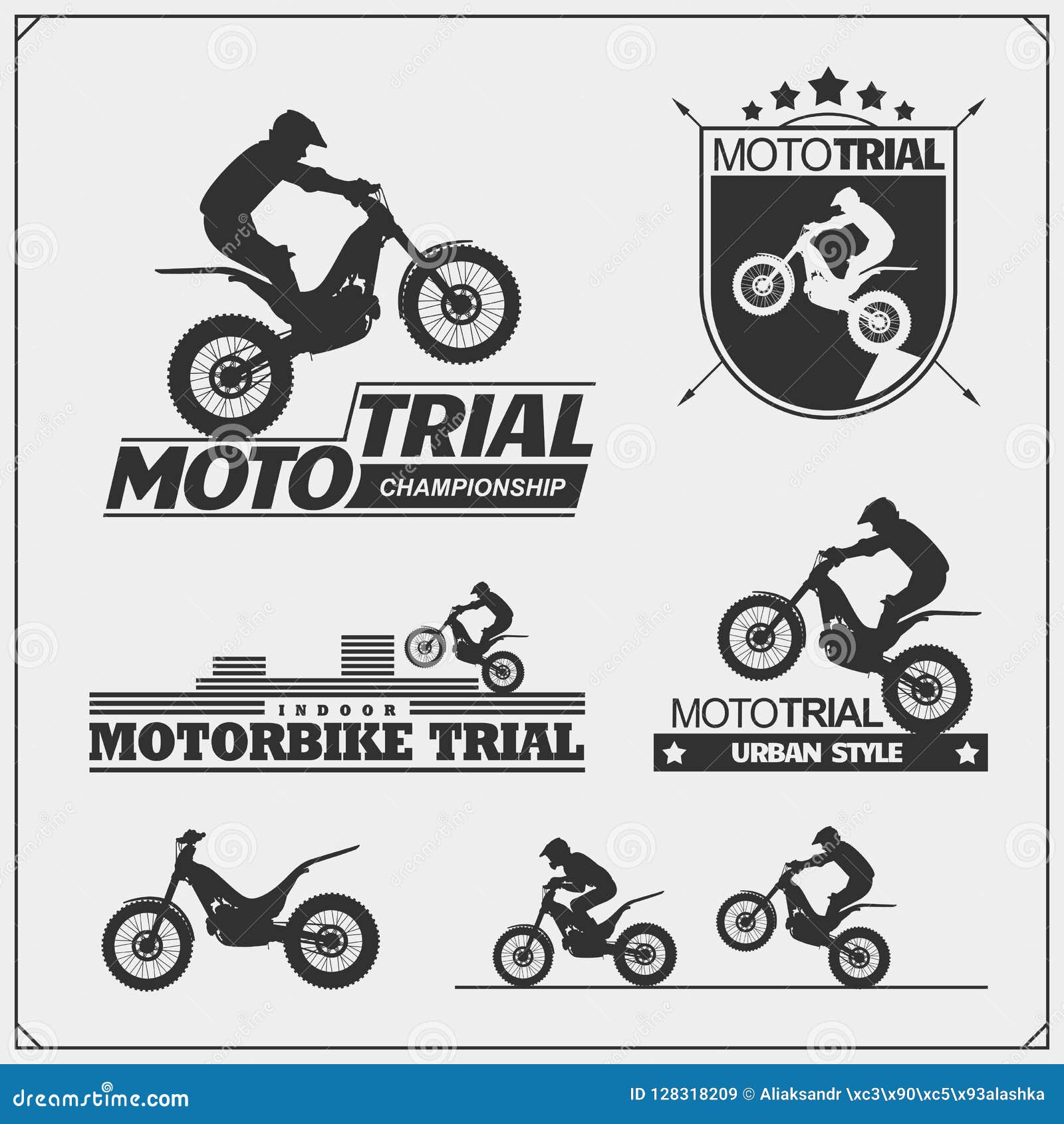 set of motorsport silhouettes, labels and emblems. motocross riders, moto trial.